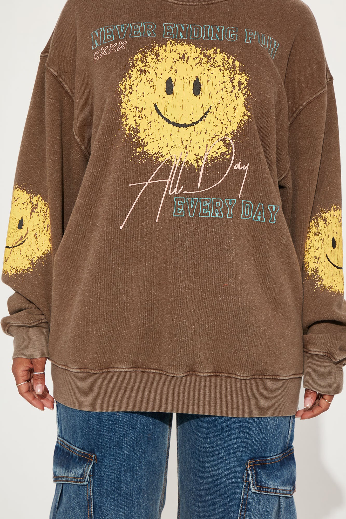 Smiley Face Washed Sweatshirt - Brown Combo