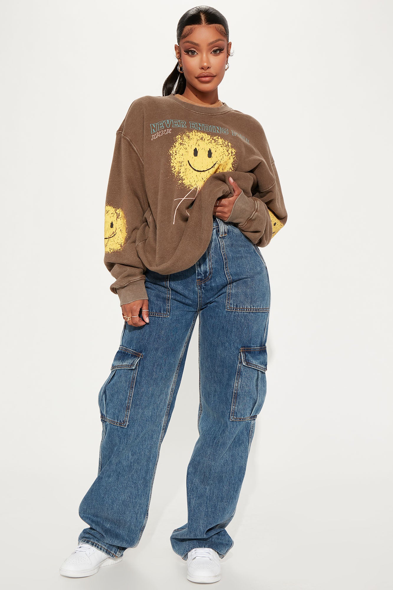 Smiley Face Washed Sweatshirt - Brown Combo