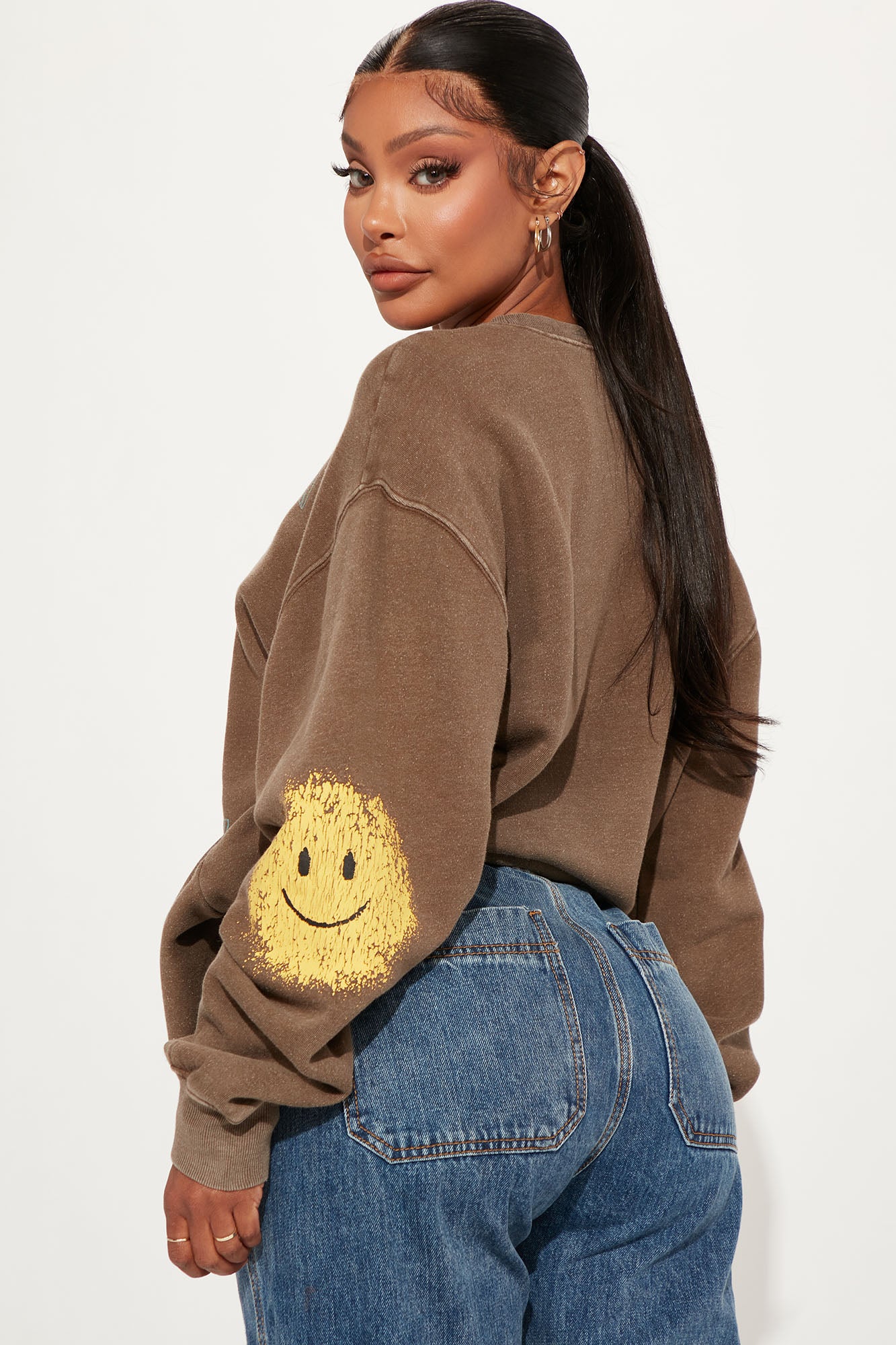 Smiley Face Washed Sweatshirt - Brown Combo