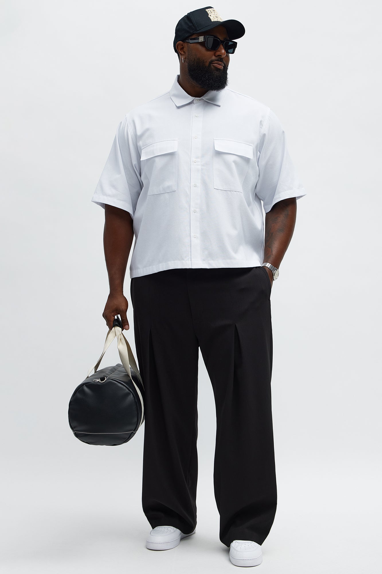 Cropped Double Pocket Button Up Shirt - White