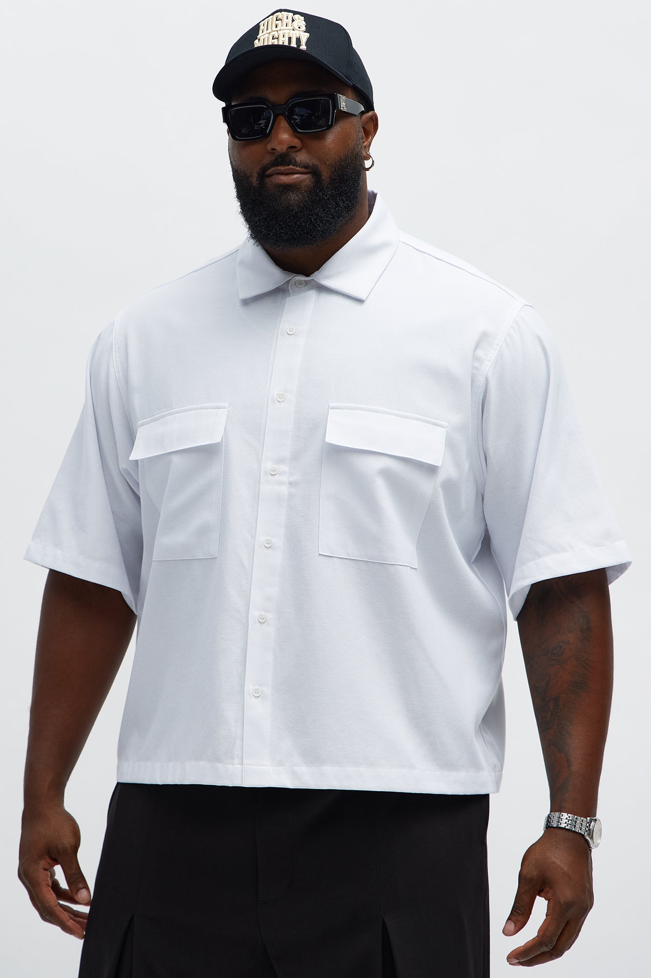 Cropped Double Pocket Button Up Shirt - White