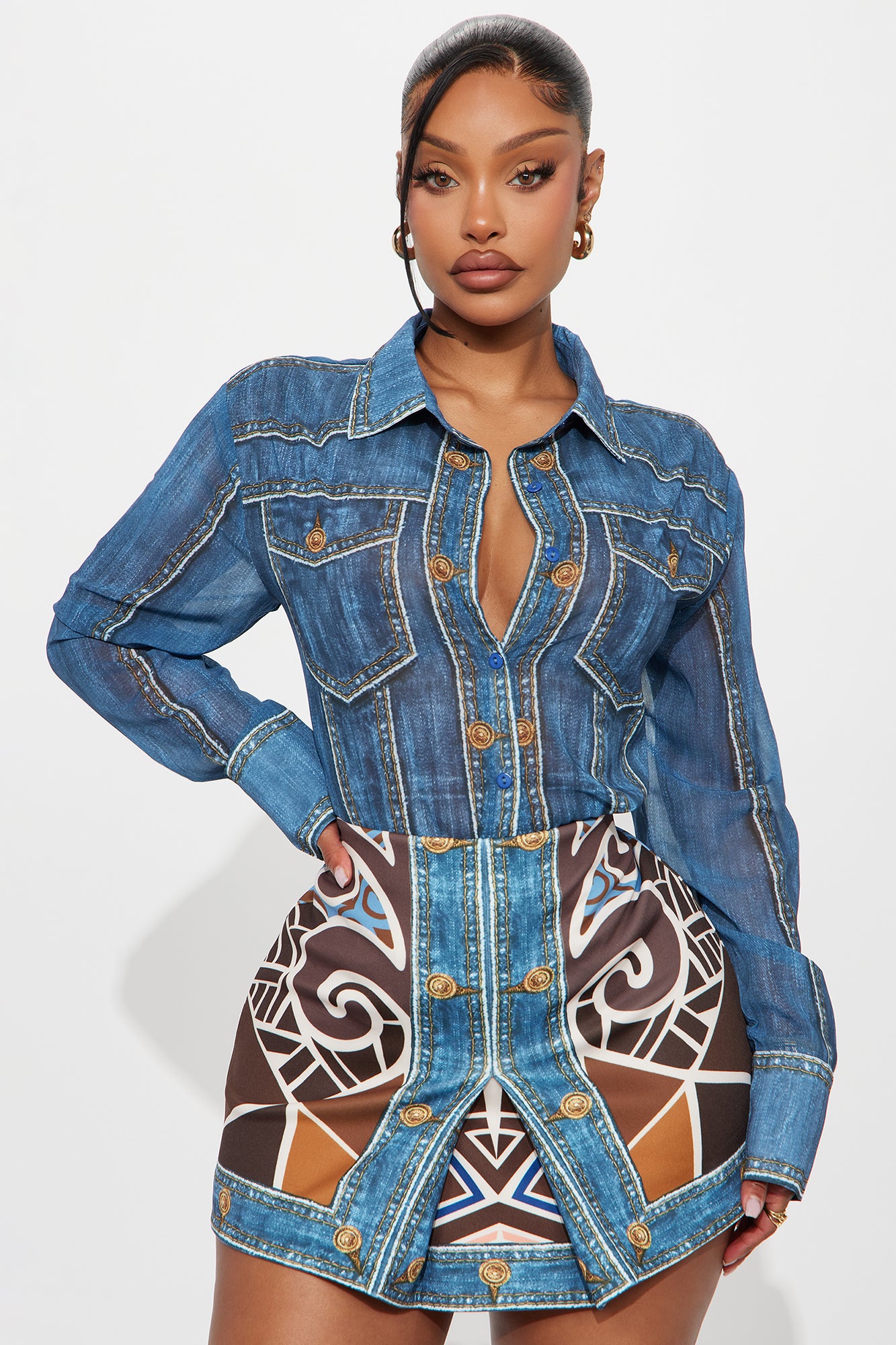 Dharva Denim Print Skirt Set - Blue/combo