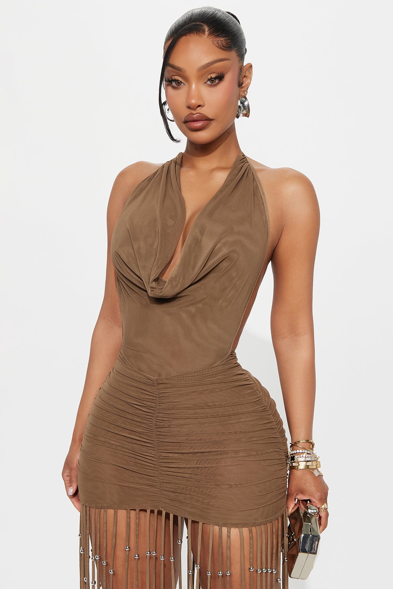 Josie Fringe Mesh Micro Mini Dress - Taupe