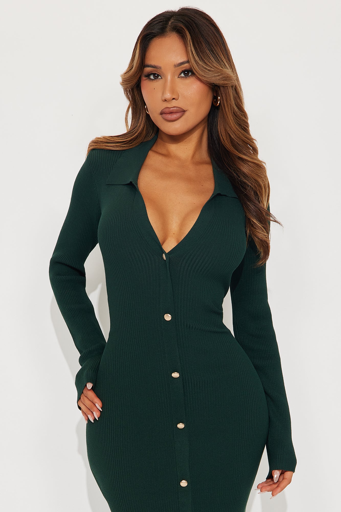 Jada Long Sleeve Ribbed Midi Dress - Hunter
