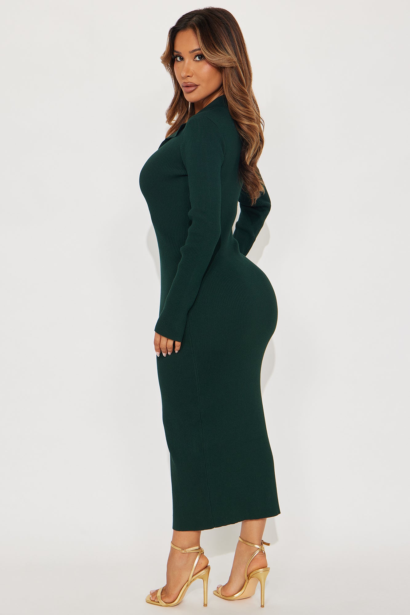 Jada Long Sleeve Ribbed Midi Dress - Hunter