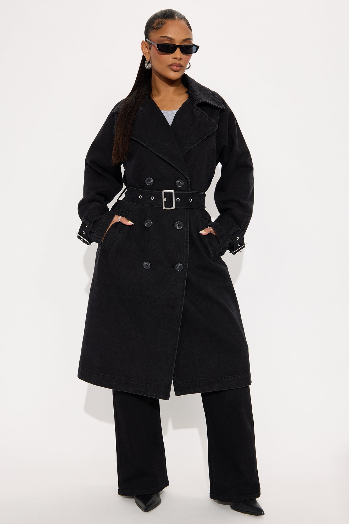 Denise Belted Denim Trench Coat - Black