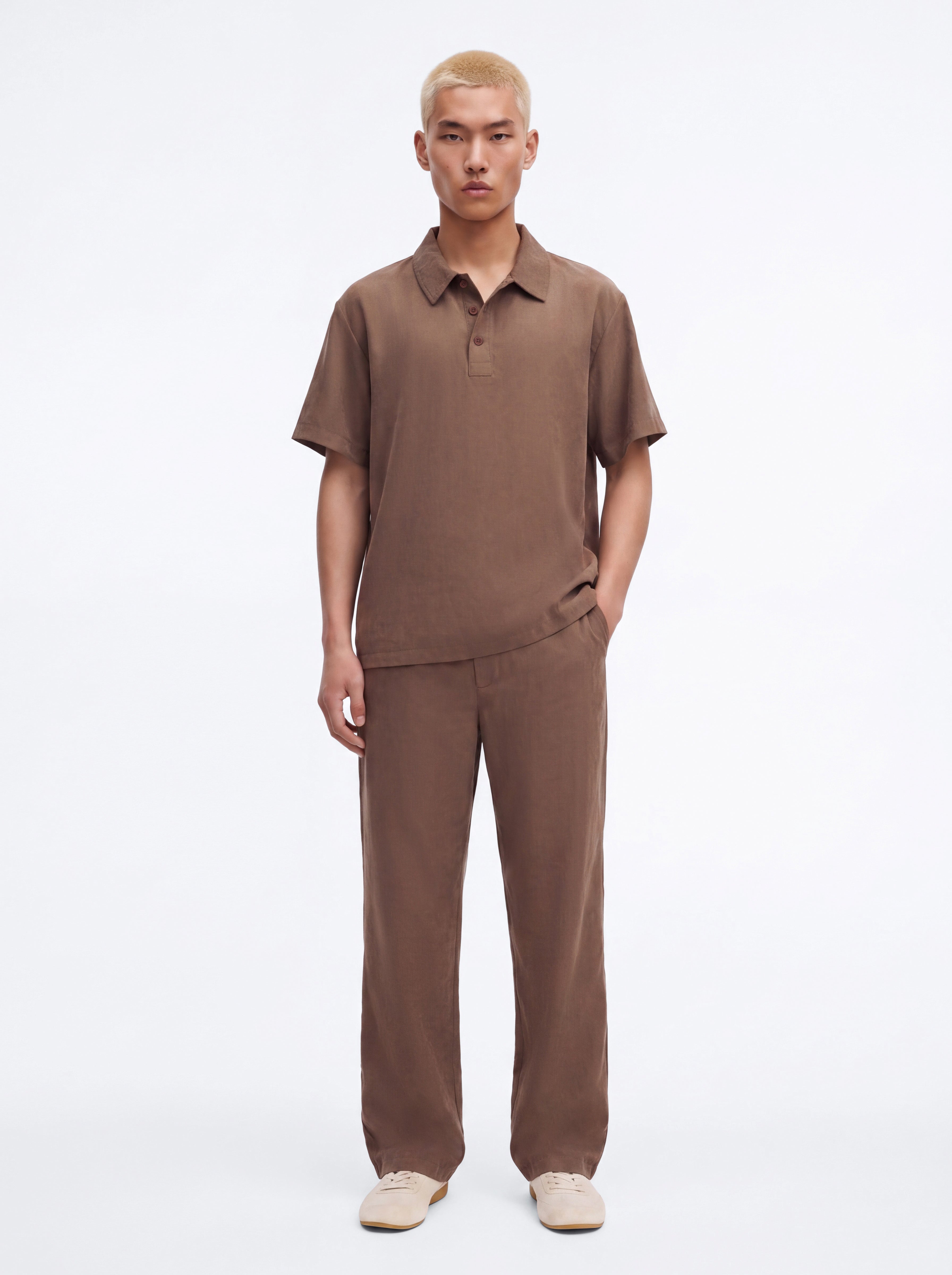 Neo Faux Suede Short Sleeve Polo - Brown