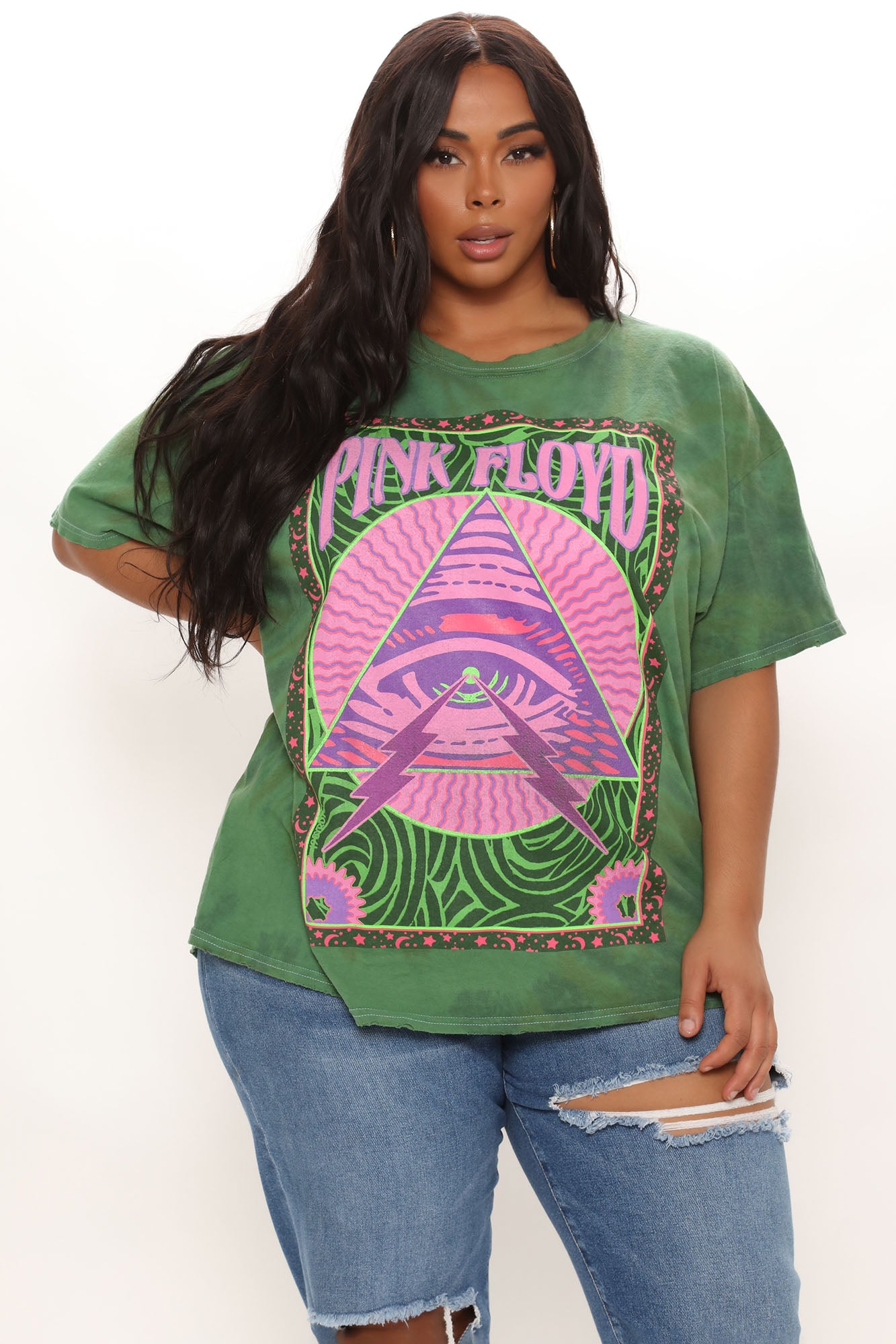 Pink Floyd Distressed Oversized Tie Dye Top - Green