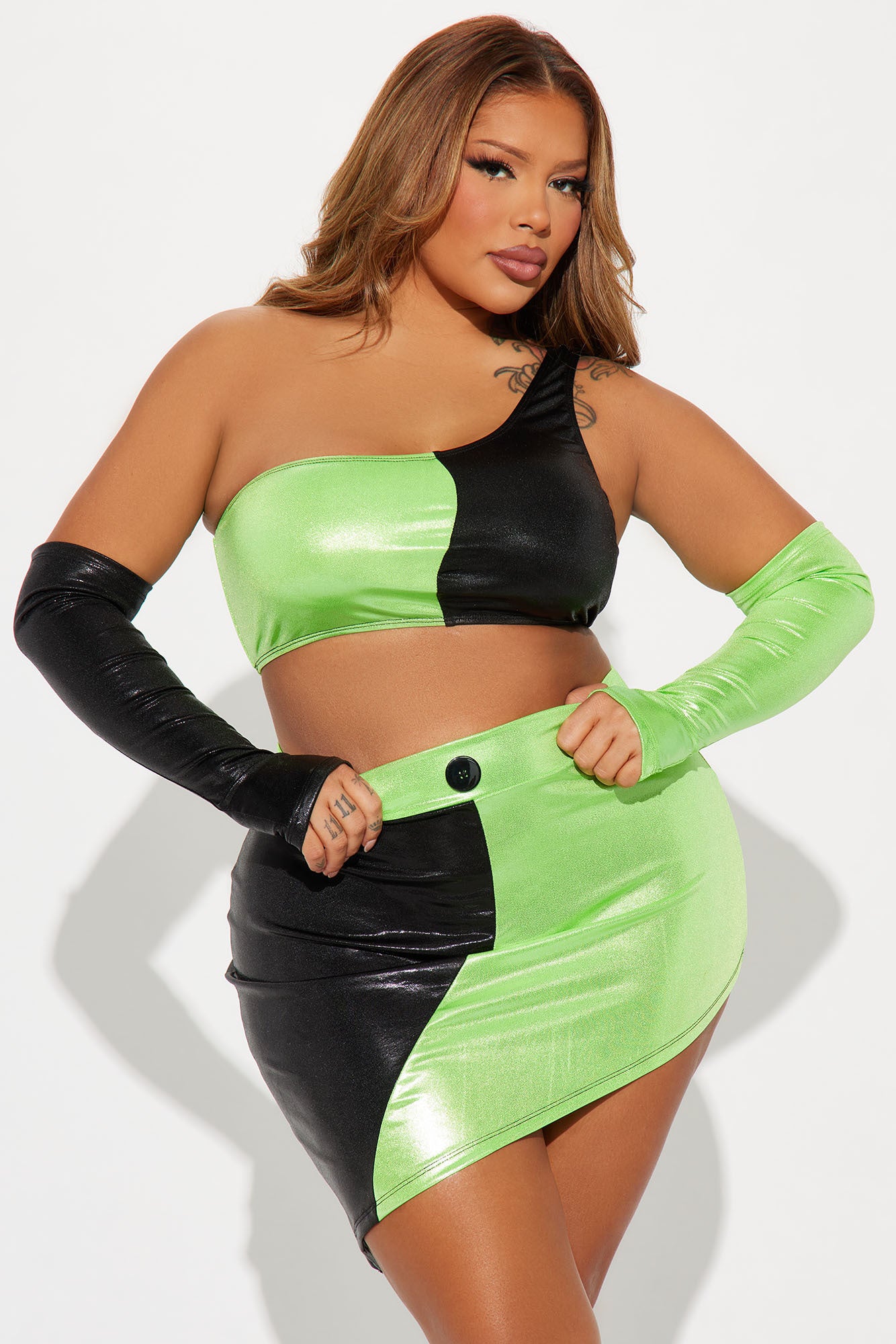 Green Flame Villian Baddie 4 Piece Costume Set - Black/Green