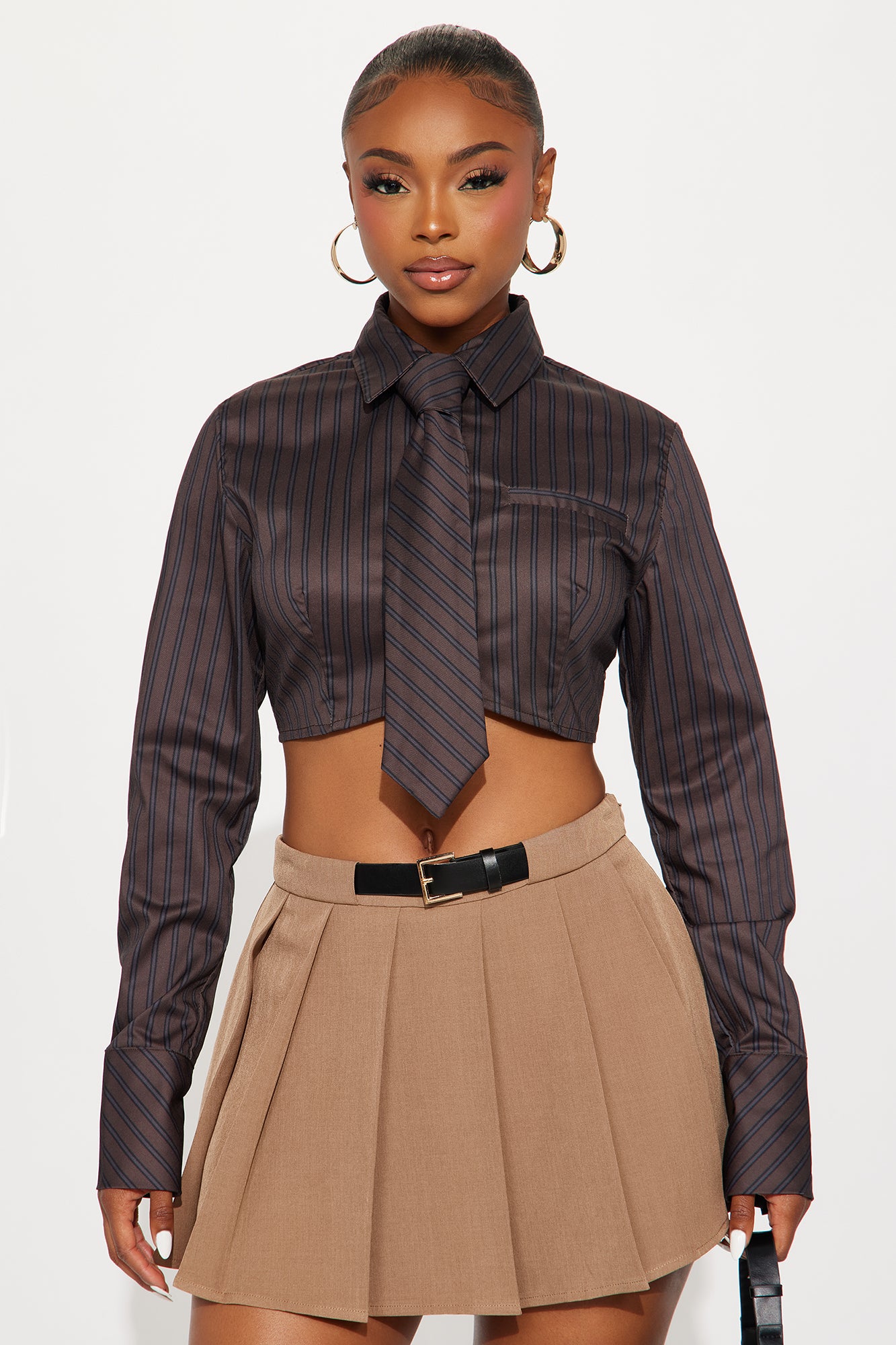 Real Woman Striped Poplin Tie Shirt - Brown Combo