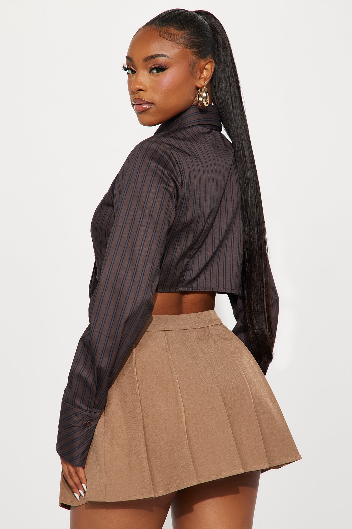 Real Woman Striped Poplin Tie Shirt - Brown Combo