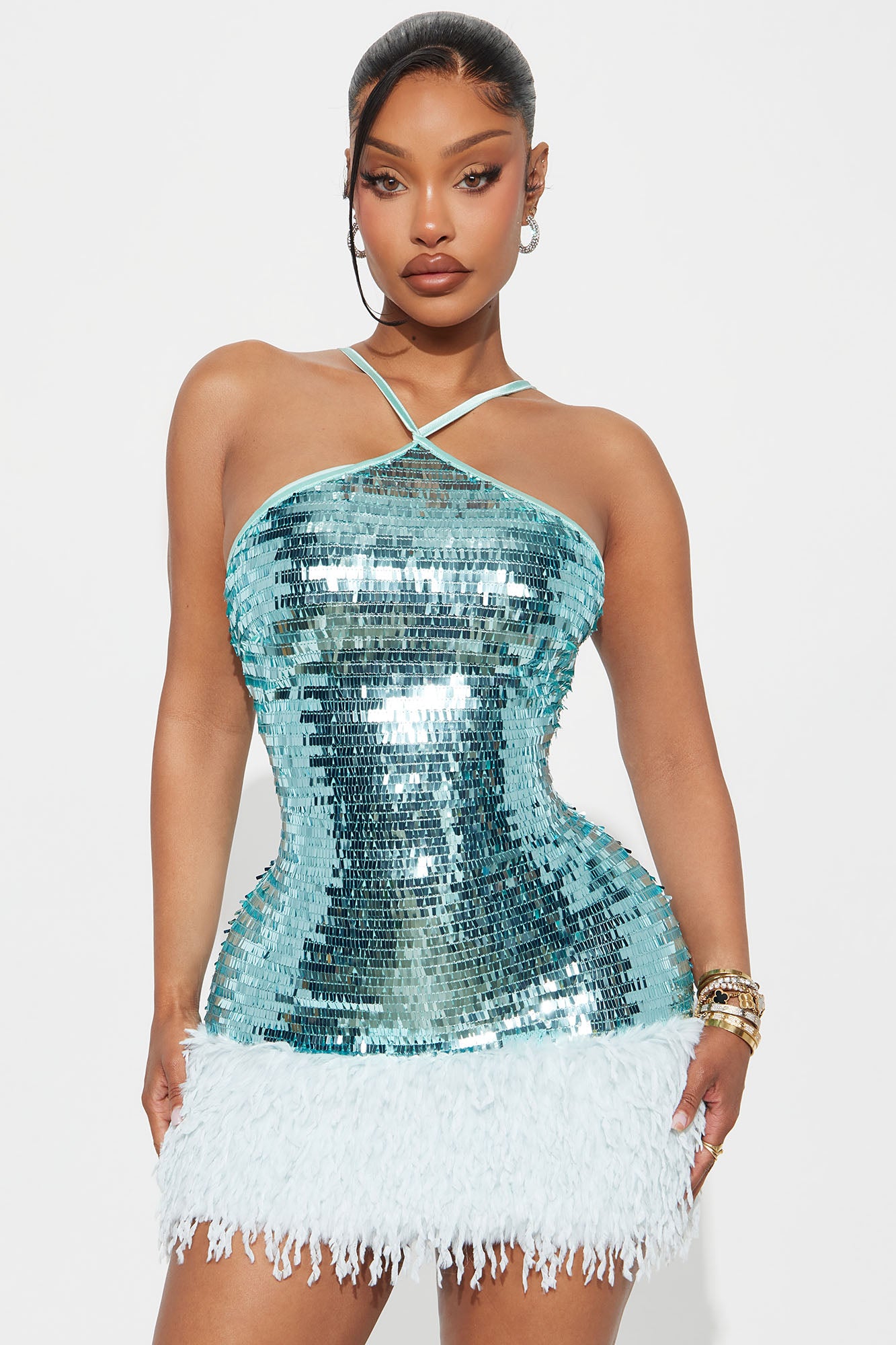 Tatum Feather Sequin Mini Dress - Aqua
