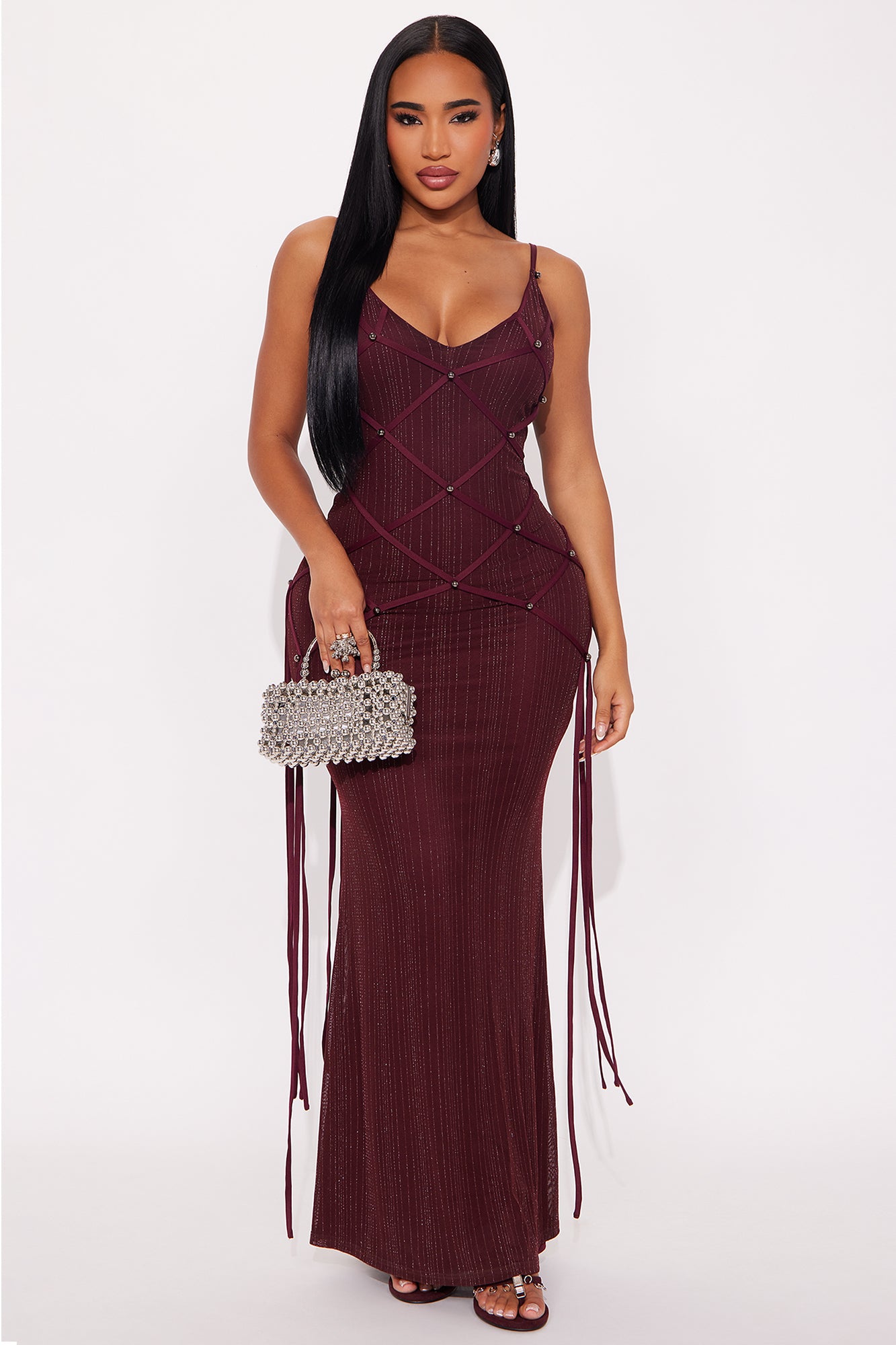 Brianne Glitter Mesh Stappy Maxi Dress - Burgundy