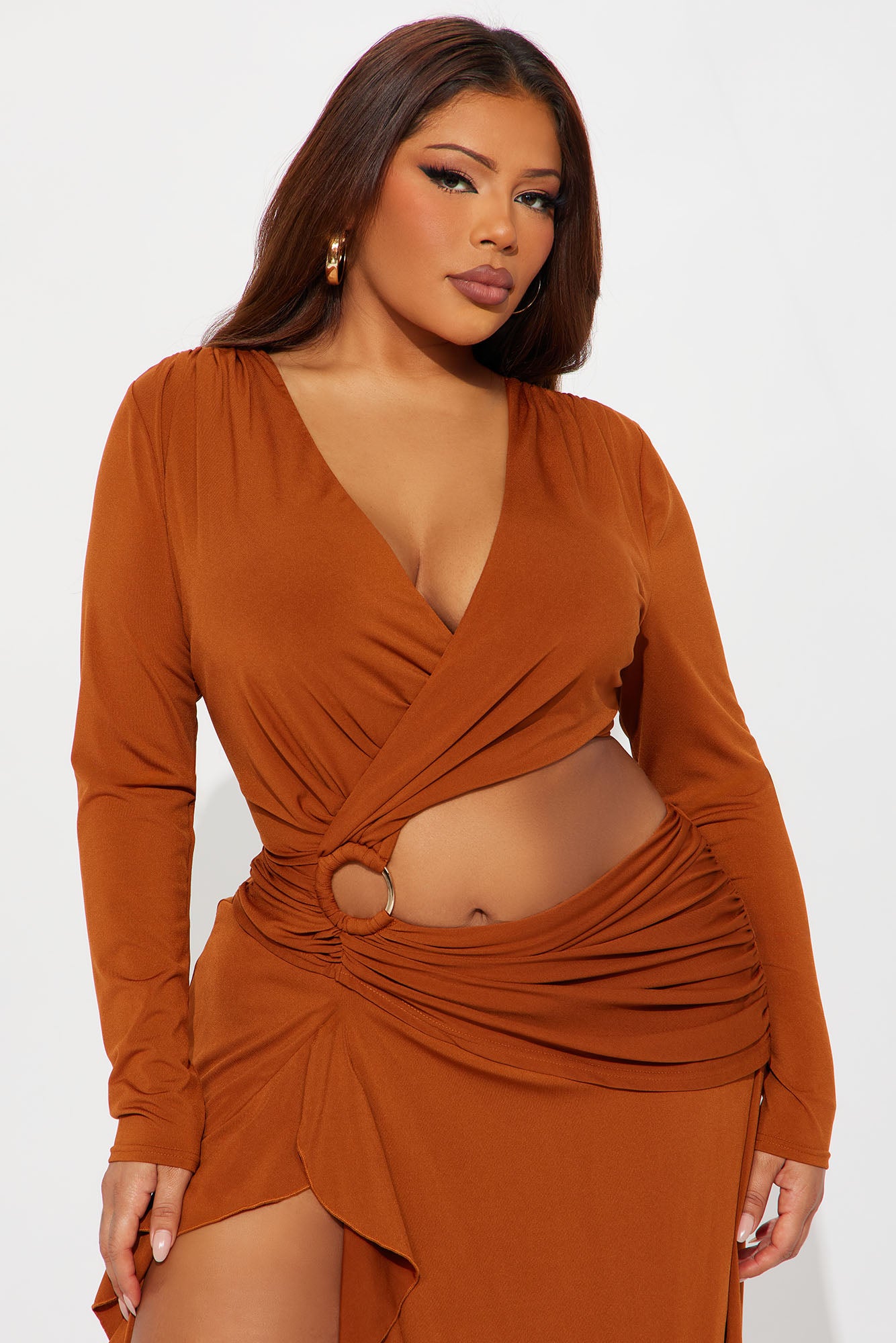 Layla Cut Out Long Sleeve Maxi Dress - Cognac
