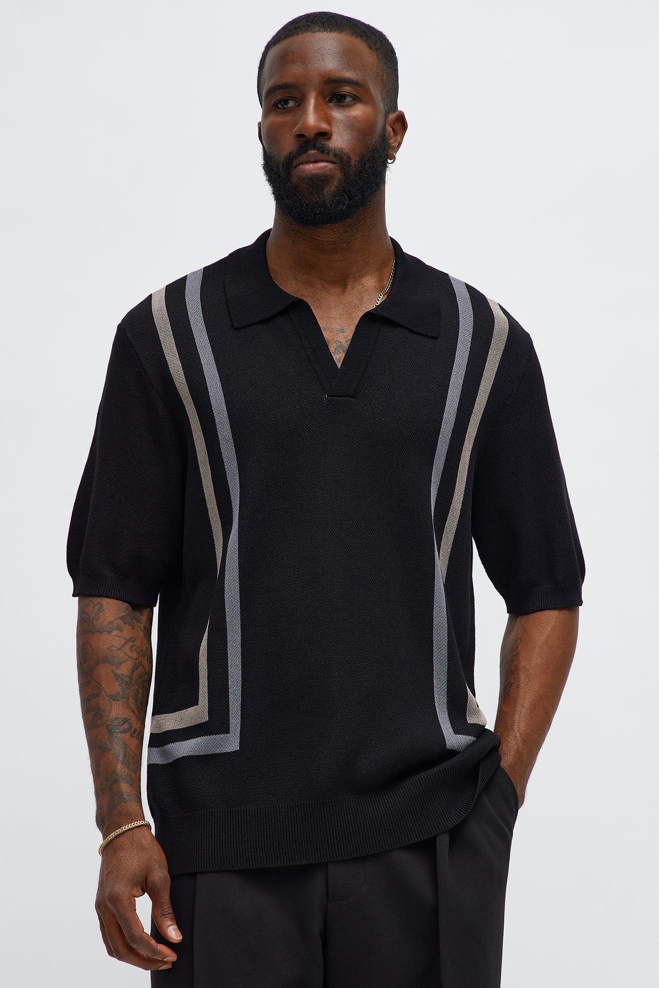 Seeing Lines Knit Johnny Collar Shirt - Black/combo
