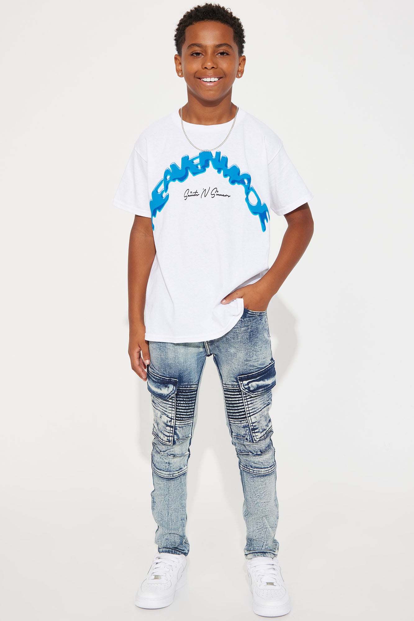 Mini Denim Paint Splatter II Rip And Repair Cargo Jeans - Blue Wash
