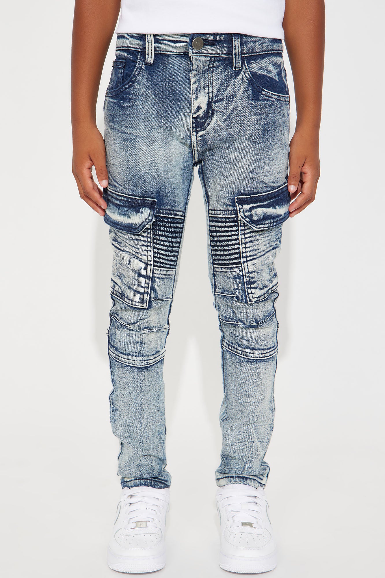Mini Denim Paint Splatter II Rip And Repair Cargo Jeans - Blue Wash
