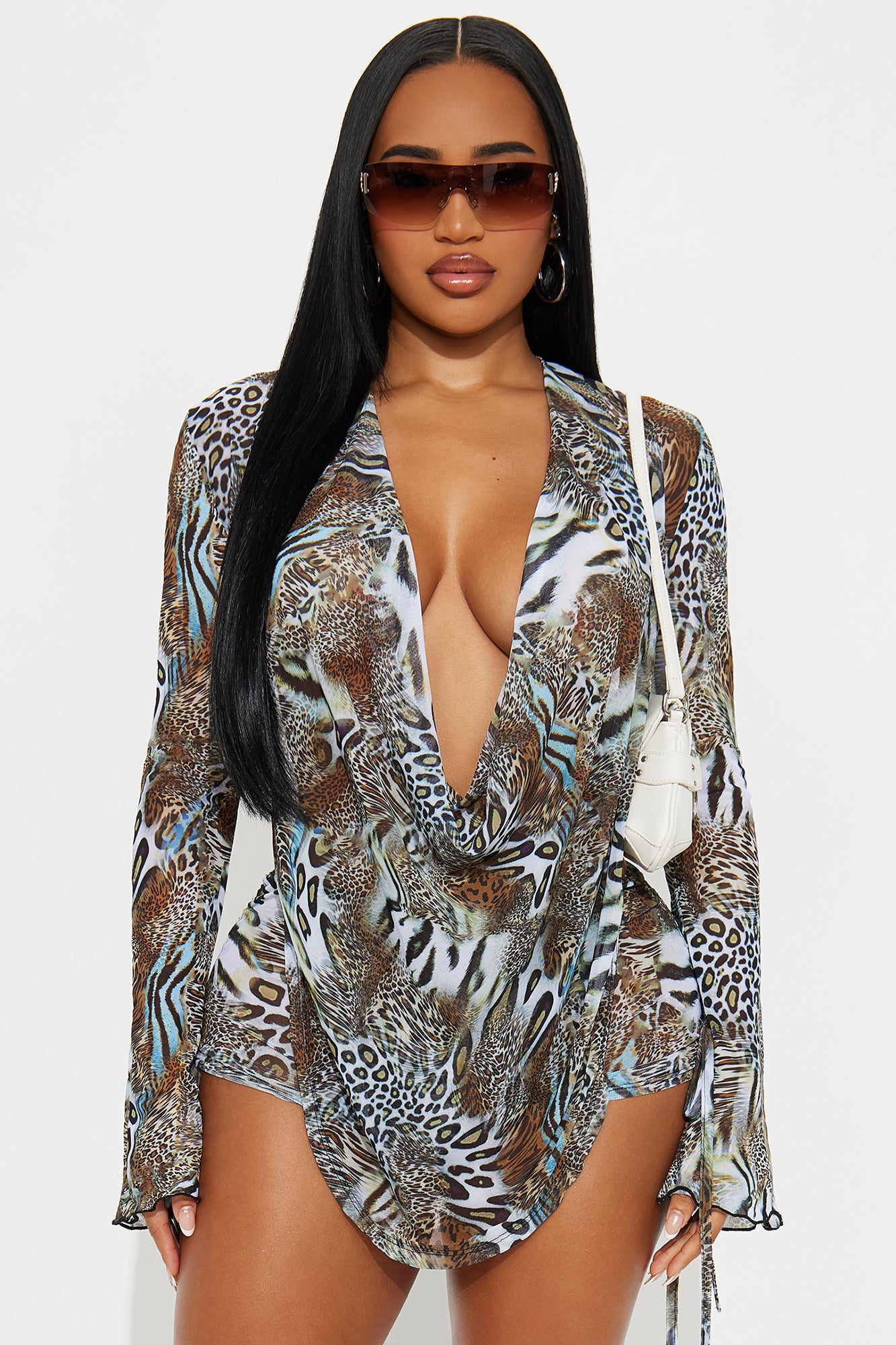 Summer Muse Cowl Neck Mesh Cover Up Micro Shorts Set - Tan/Multi