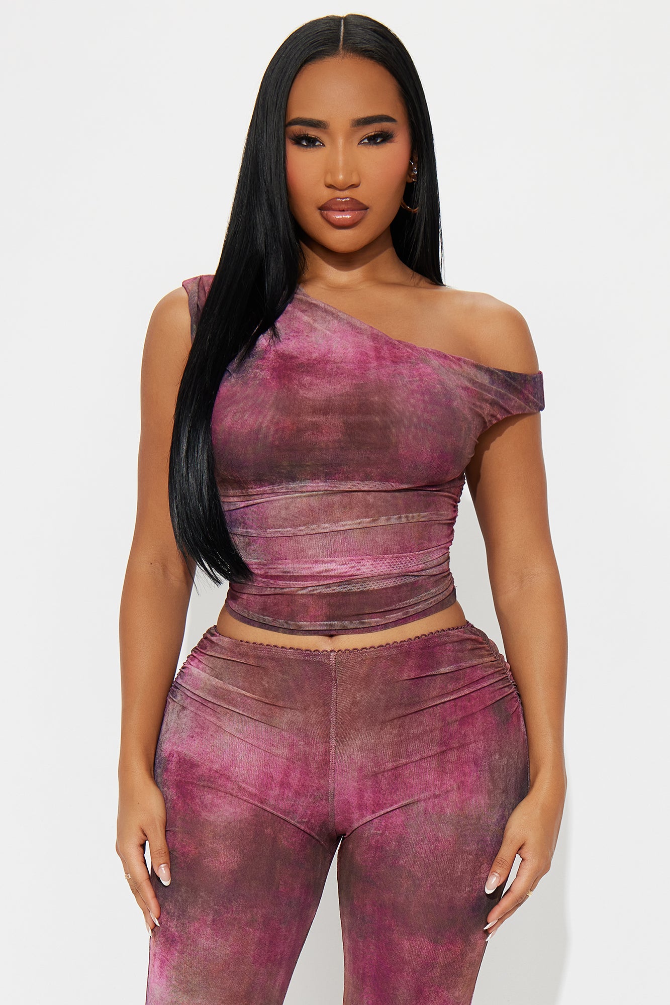Tara One Shoulder Mesh Pant Set - Plum
