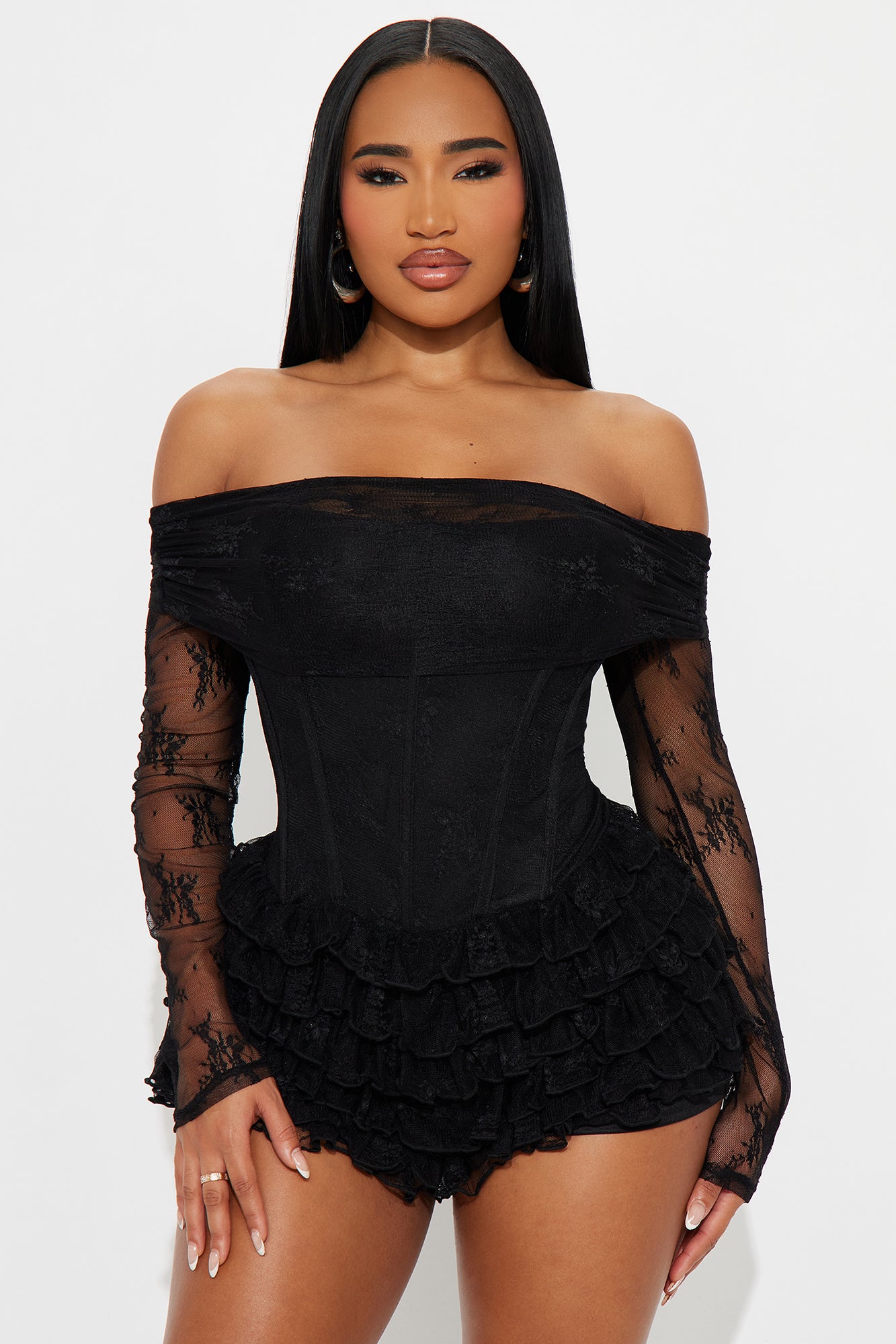 Sweet Rush Lace Ruffle Romper - Black