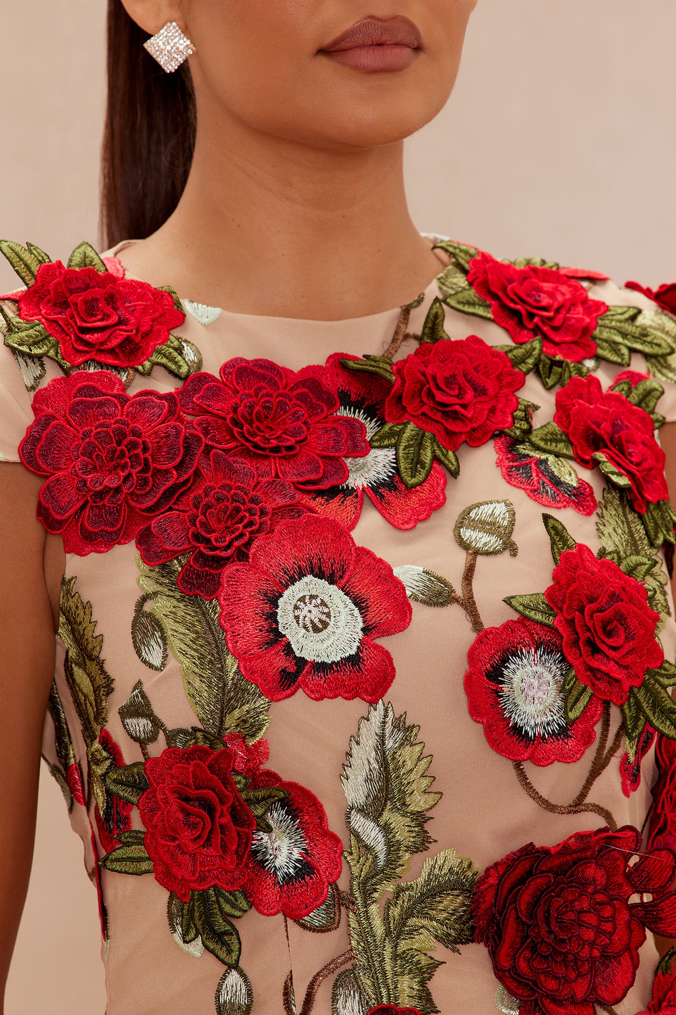 Maeve Floral Applique Mini Dress - Red/combo