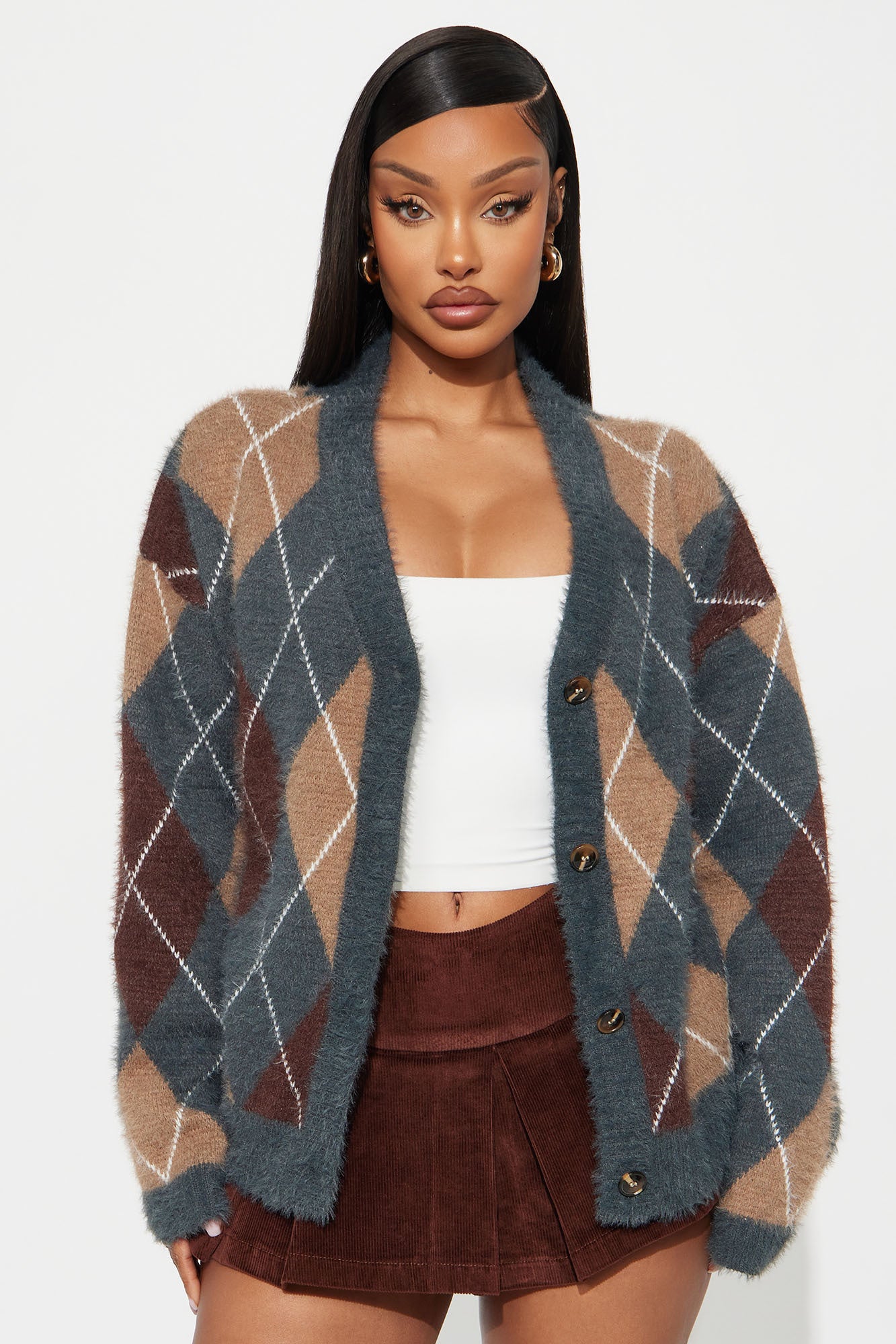 Preppy Girl Argyle Cardigan - Grey/combo