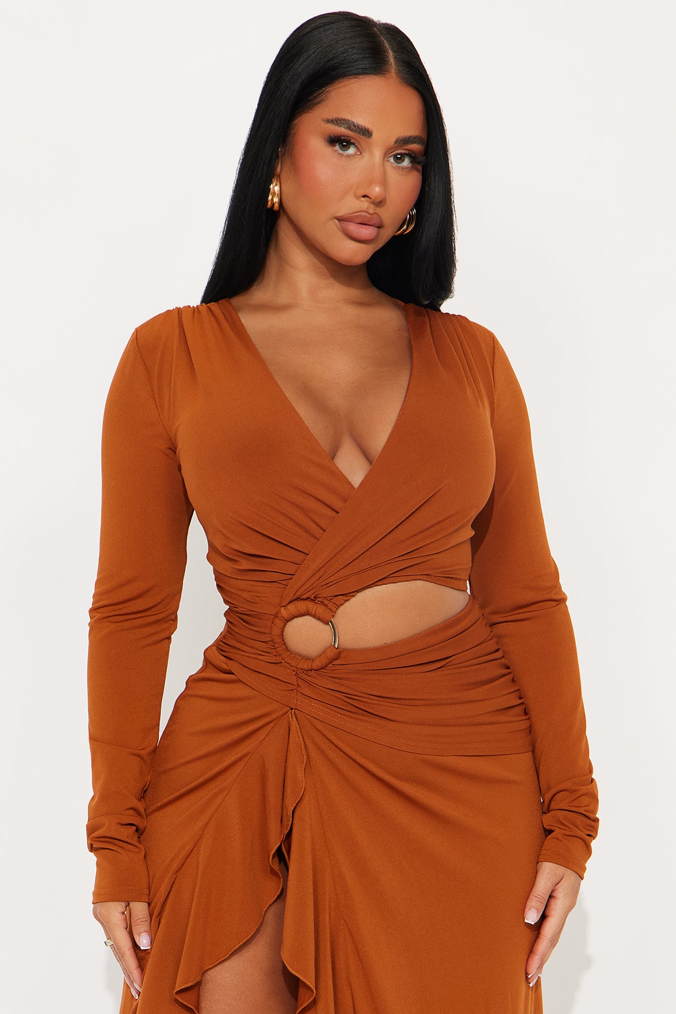 Layla Cut Out Long Sleeve Maxi Dress - Cognac
