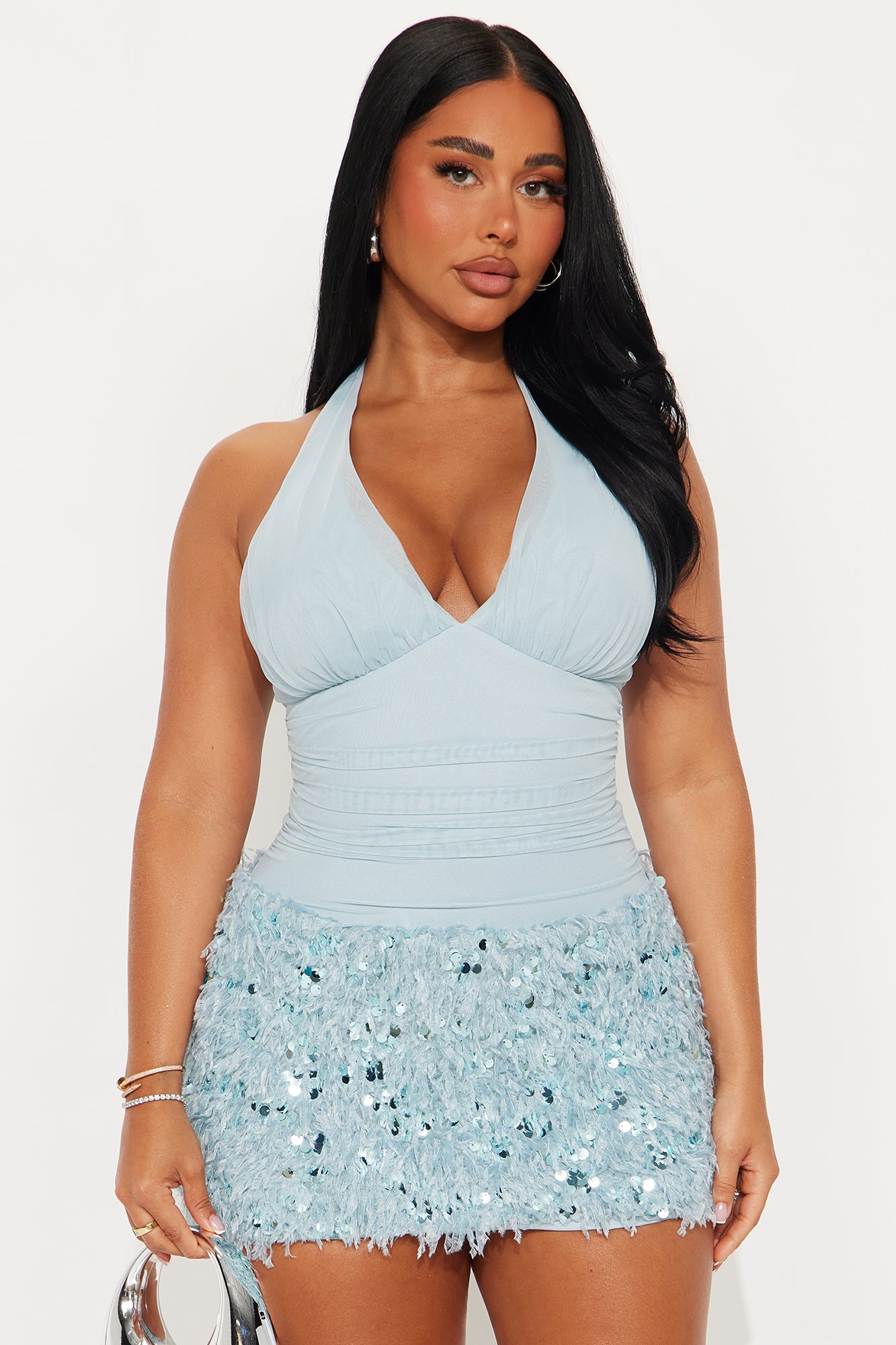 Aryanna Embellished Feather Mini Dress - Aqua