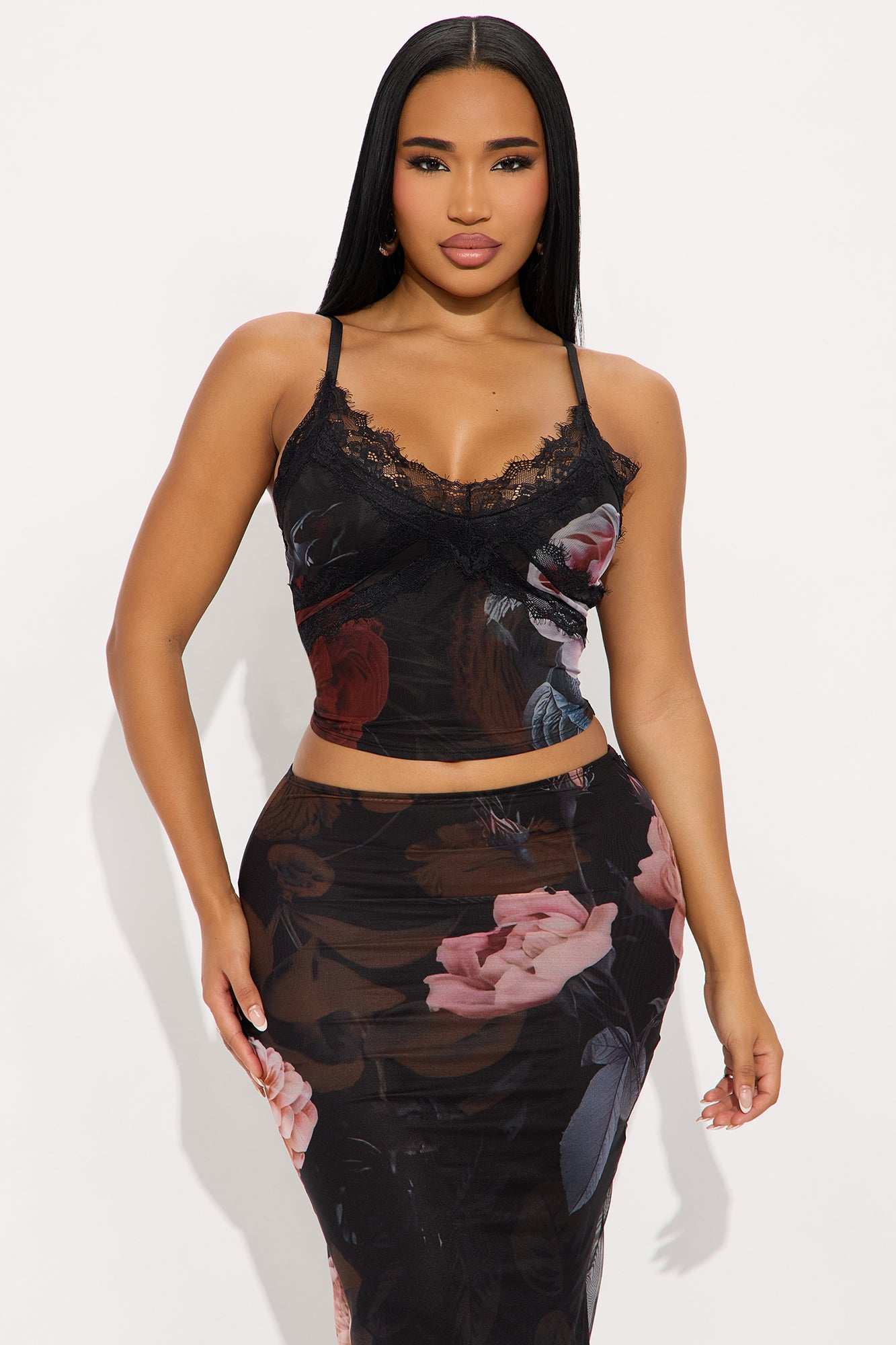 Lena Floral Mesh Maxi Skirt Set - Black/combo