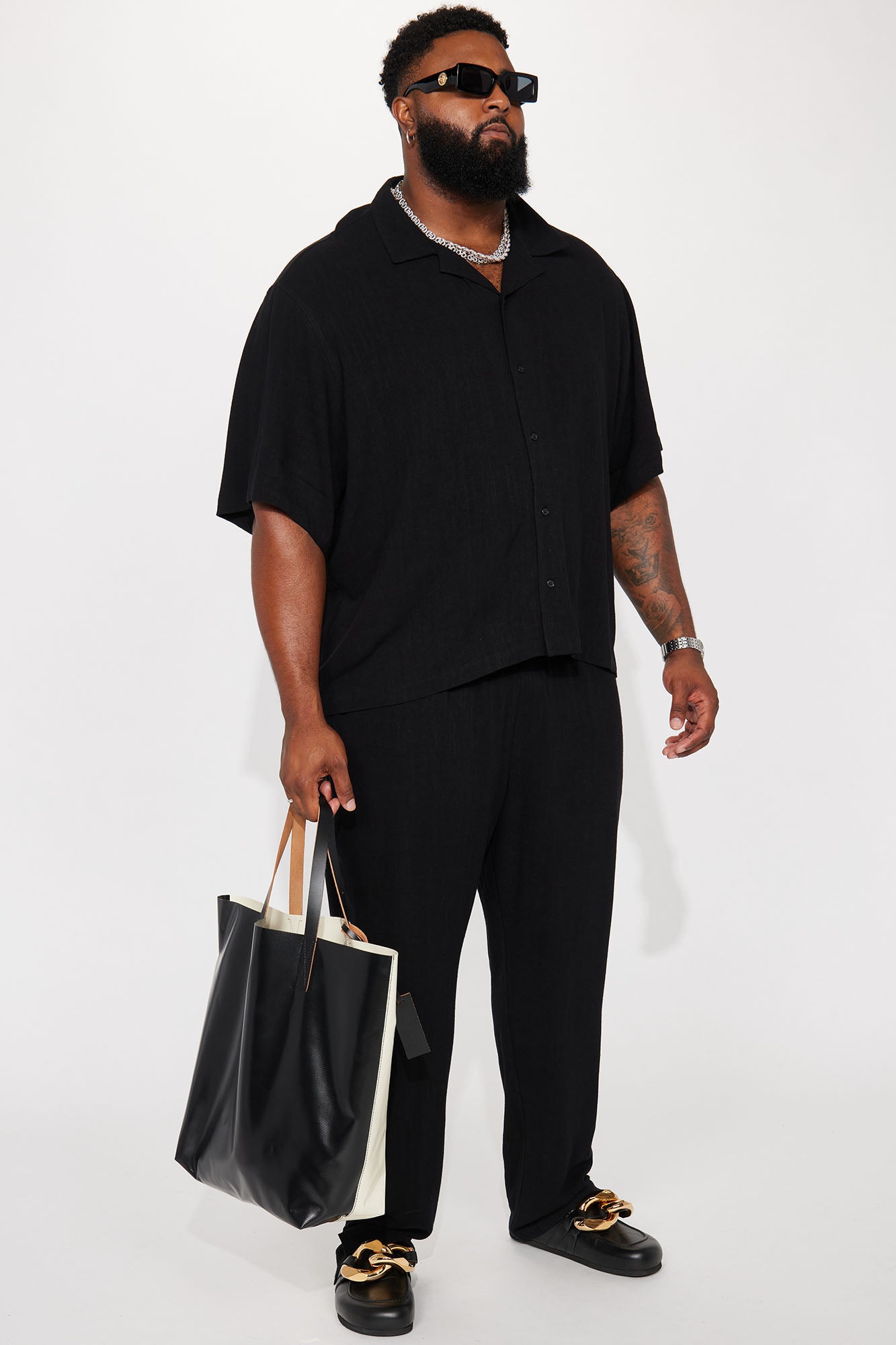 Solid Textured Linen Button Up Shirt - Black