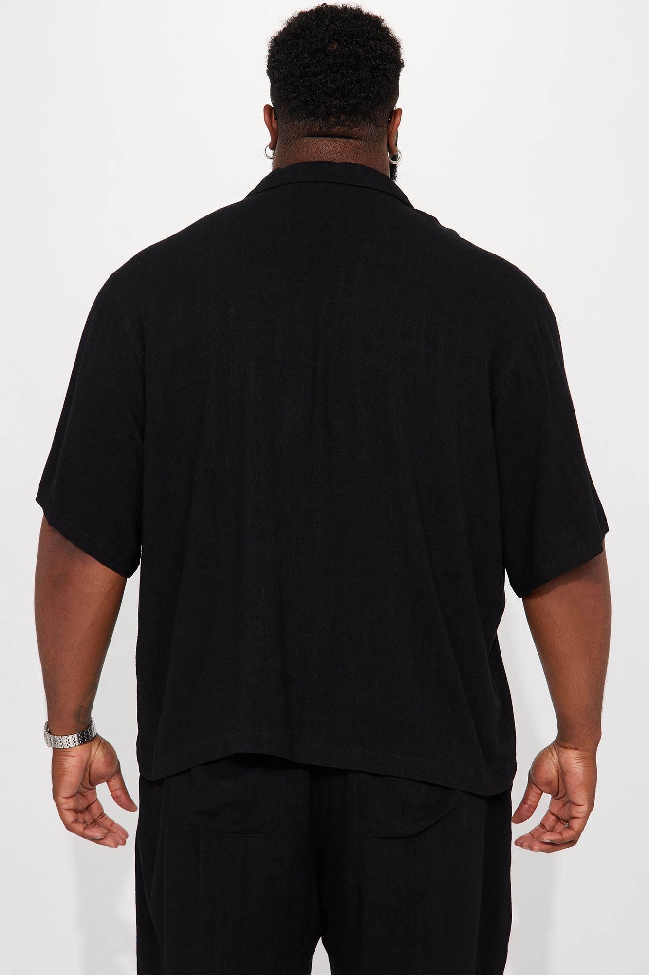 Solid Textured Linen Button Up Shirt - Black
