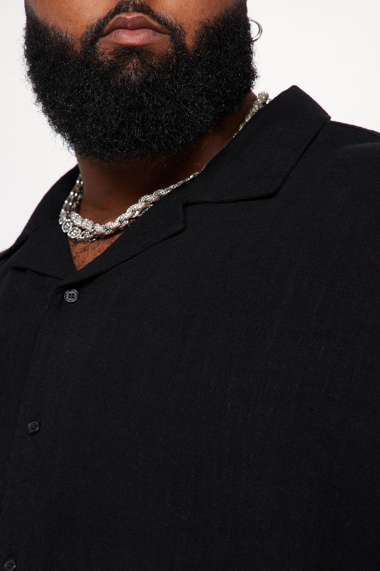 Solid Textured Linen Button Up Shirt - Black
