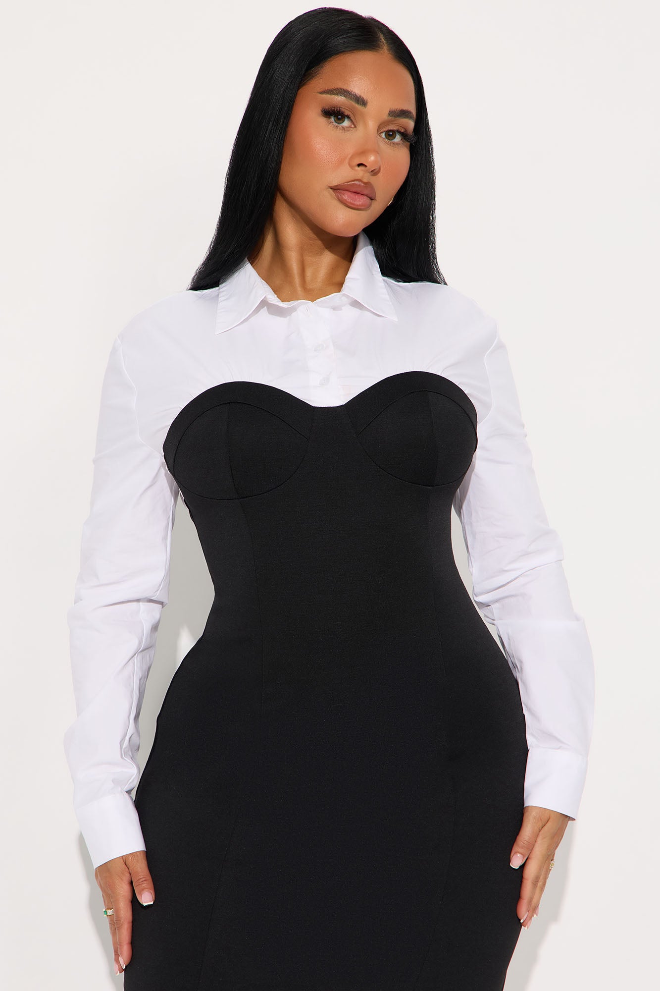 Julie Collar Long Sleeve Midi Dress - Black/White