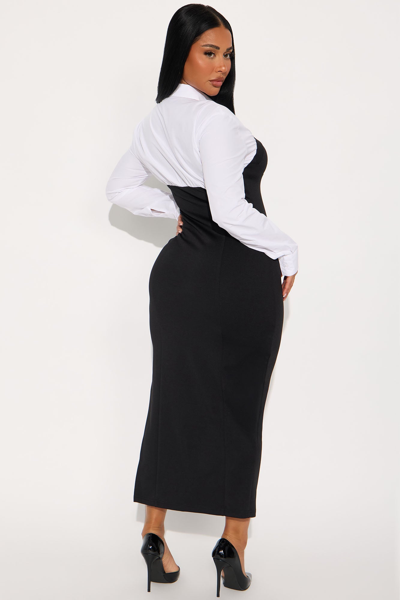 Julie Collar Long Sleeve Midi Dress - Black/White