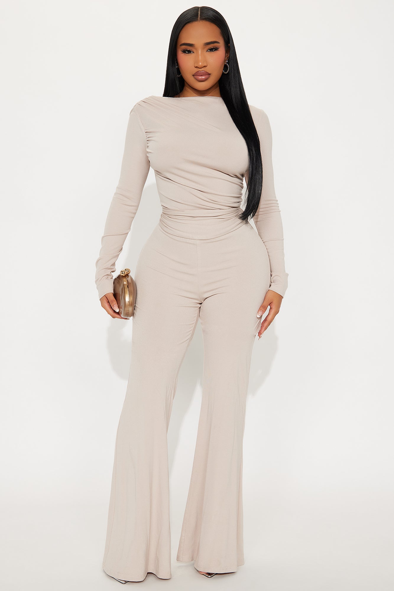 Isabella Ribbed Long Sleeve Jumpsuit - Stone