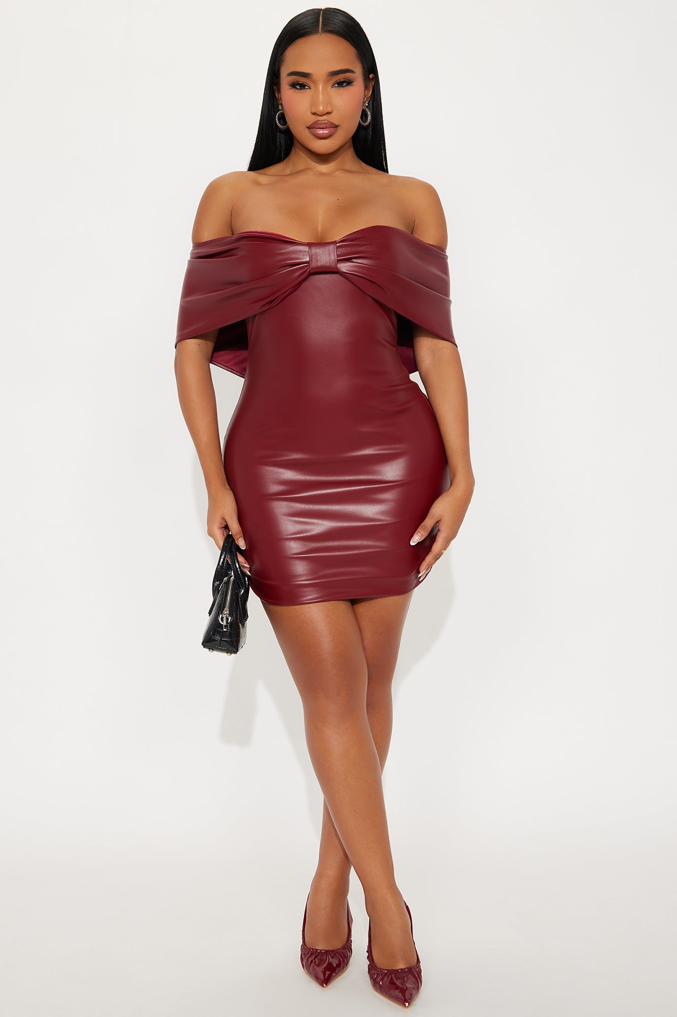 Elizabeth Bow Faux Leather Mini Dress - Wine