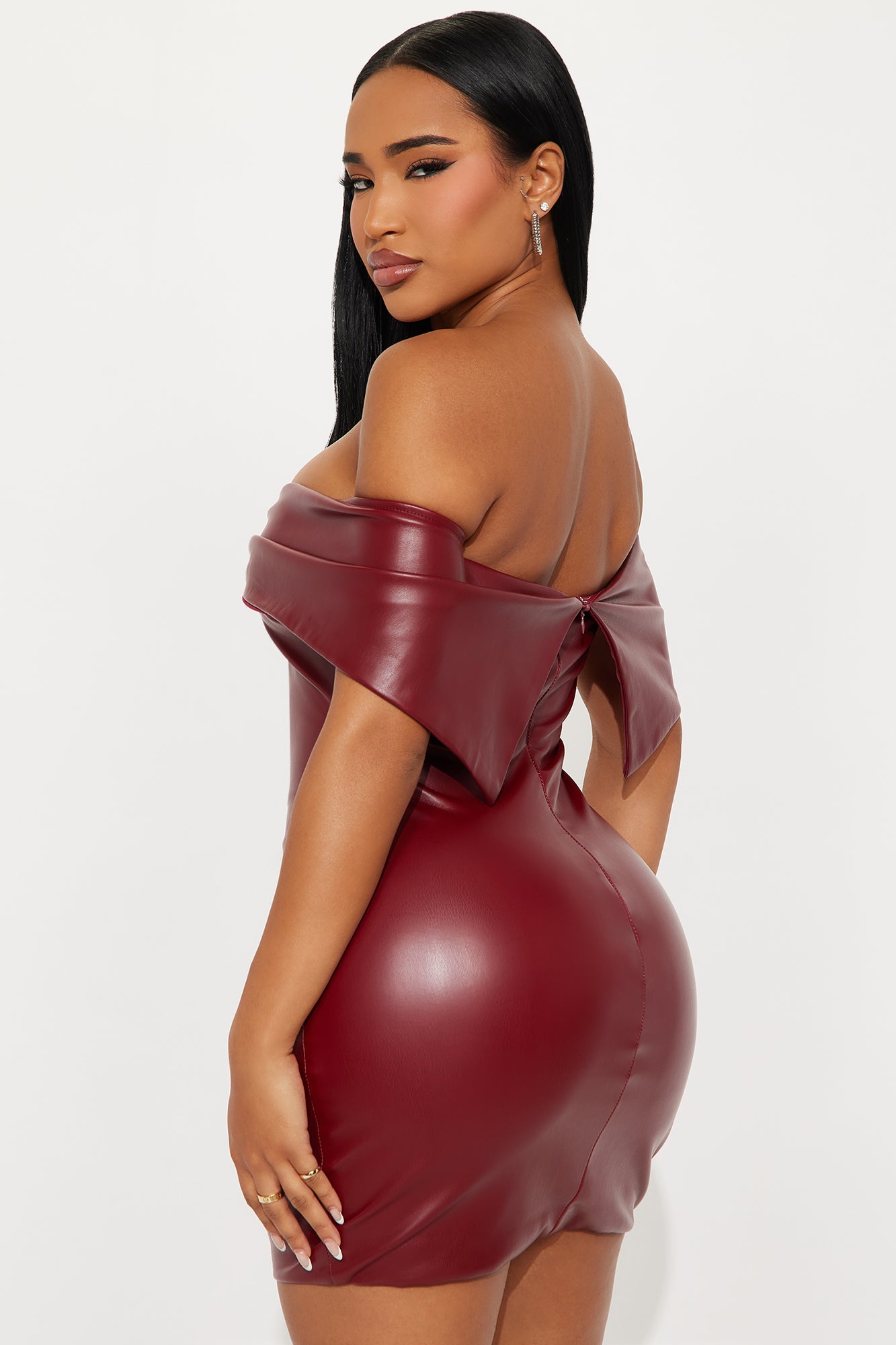 Elizabeth Bow Faux Leather Mini Dress - Wine