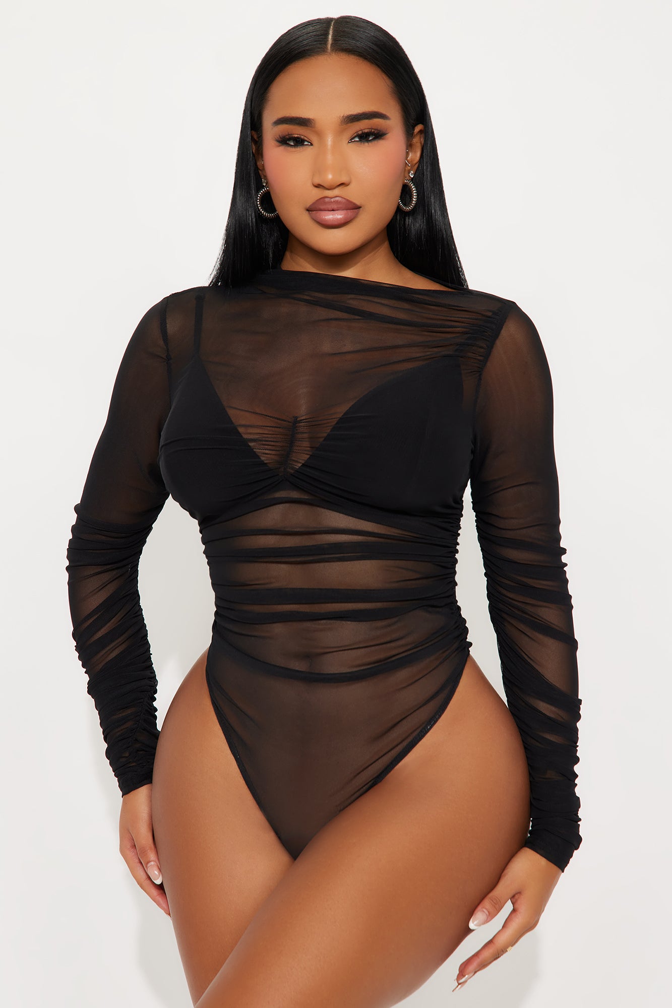 Power Trip Ruched Off Shoulder Mesh Bodysuit - Black