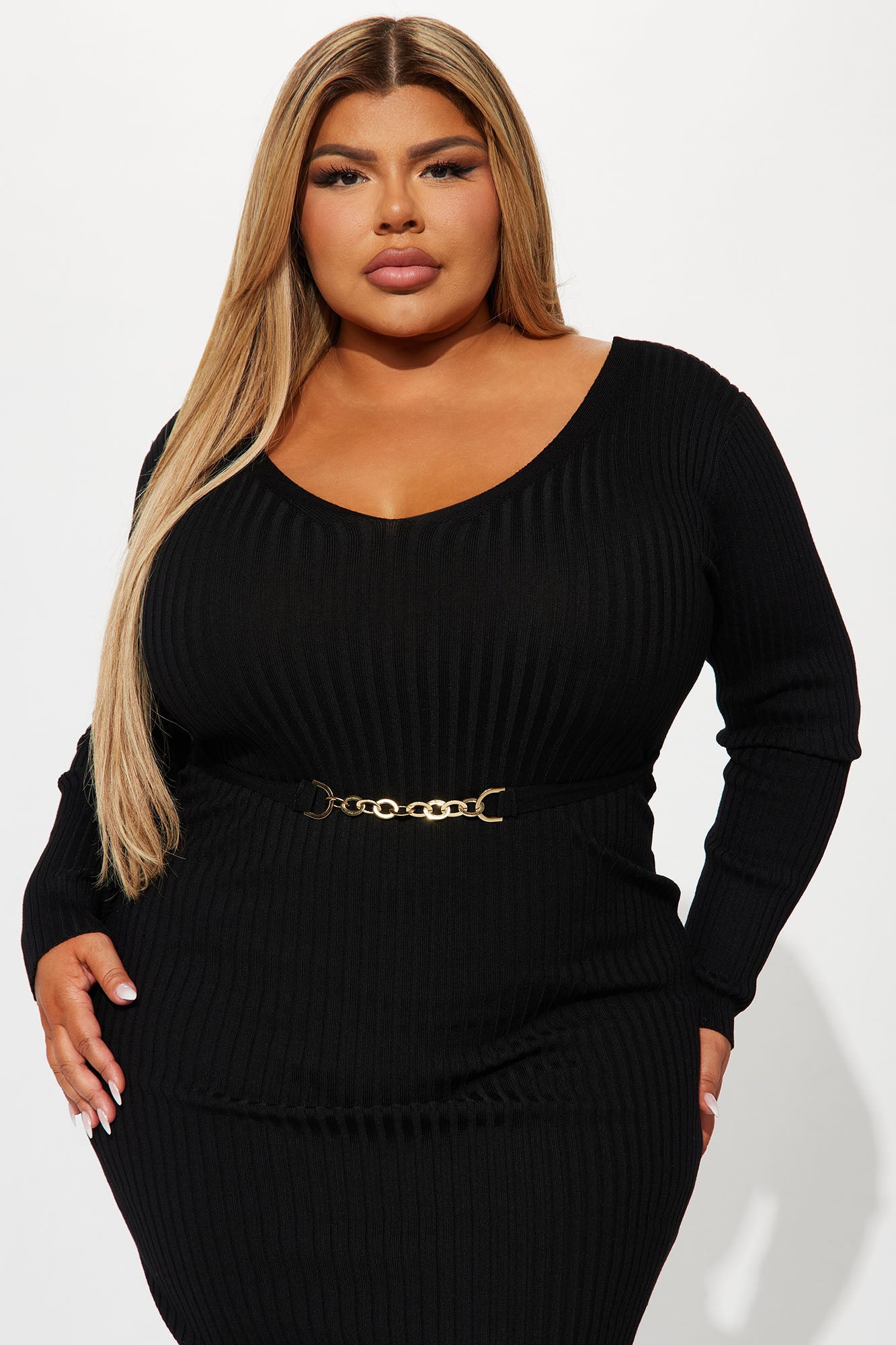 Rocking Baddie V- Neckline Midi Dress - Black