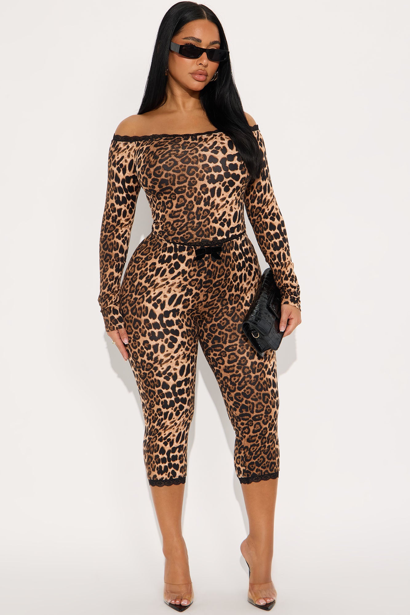 Fiona Off Shoulder Leopard Capri Set - Brown/combo