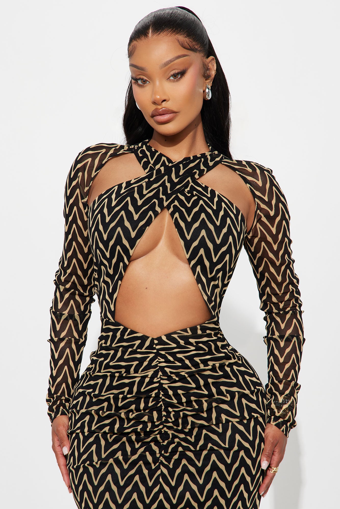 Mally Mesh Maxi Chevron Dress - Black/combo