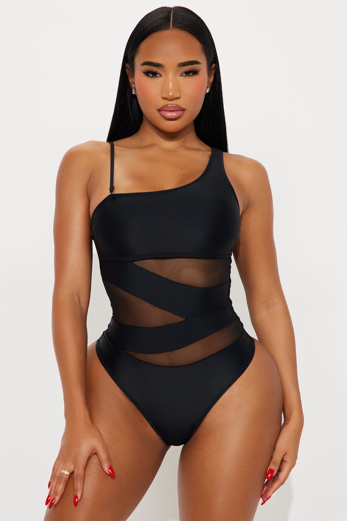 Always Sunny Asymmetrical Mesh Cutout 1 Piece Swimsuit - Black