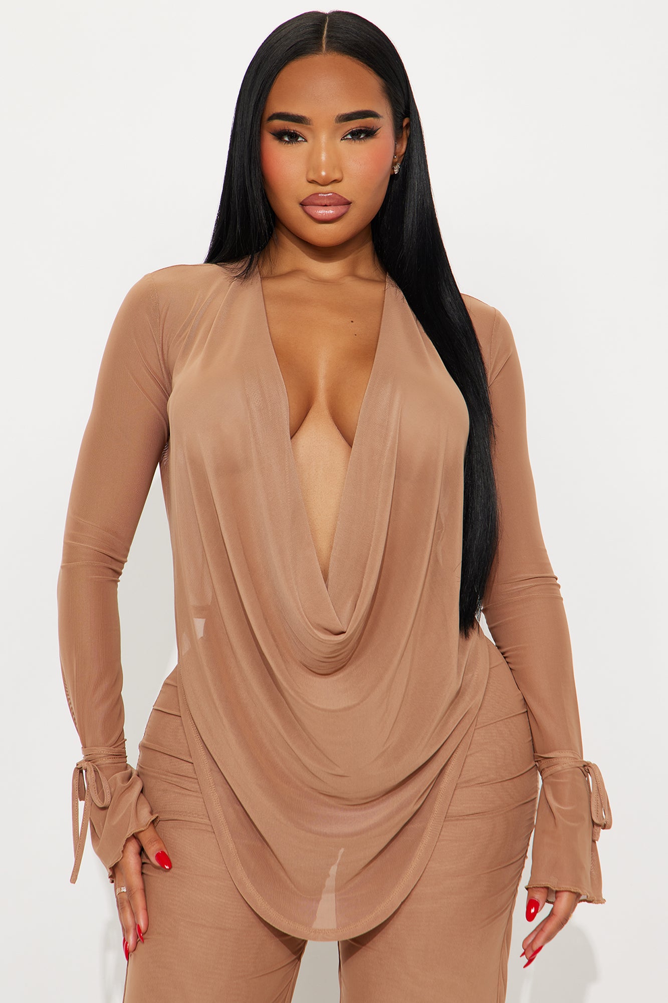 Silent Muse Cowl Neck Mesh Pant Set - Mocha