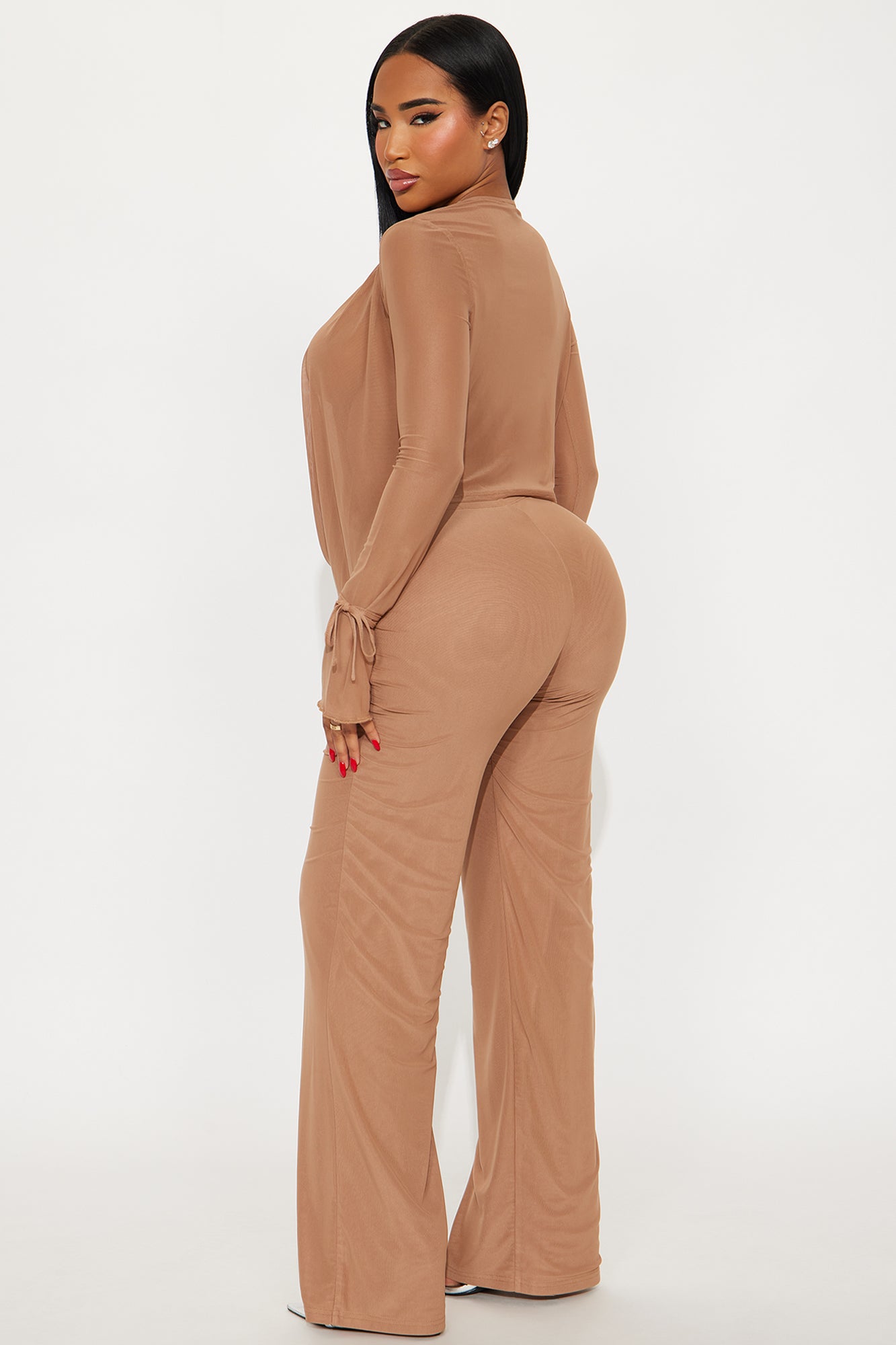 Silent Muse Cowl Neck Mesh Pant Set - Mocha