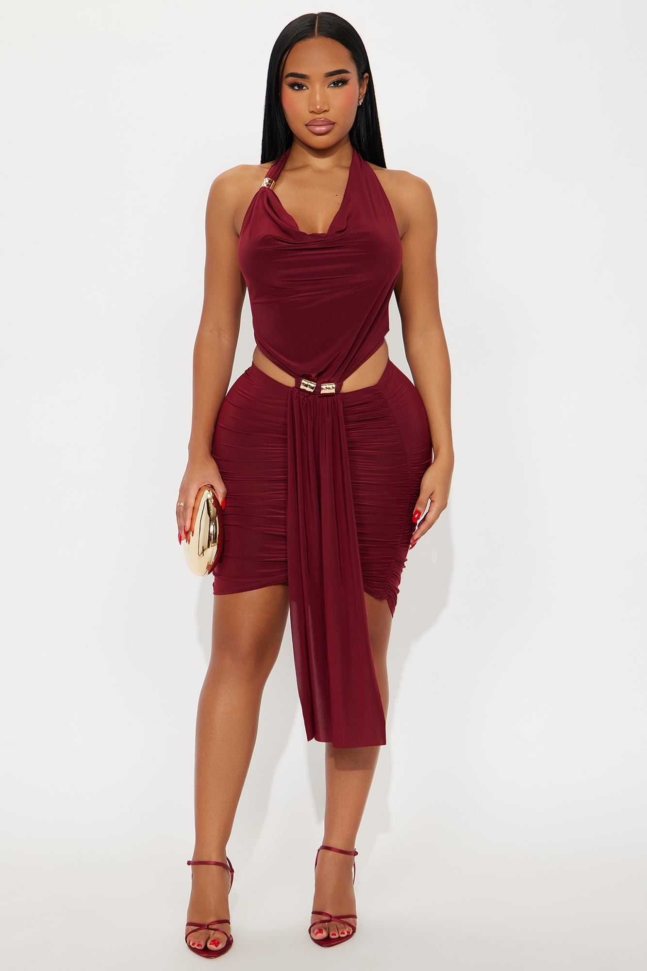 Jolie Ruched Halter Mini Dress - Burgundy