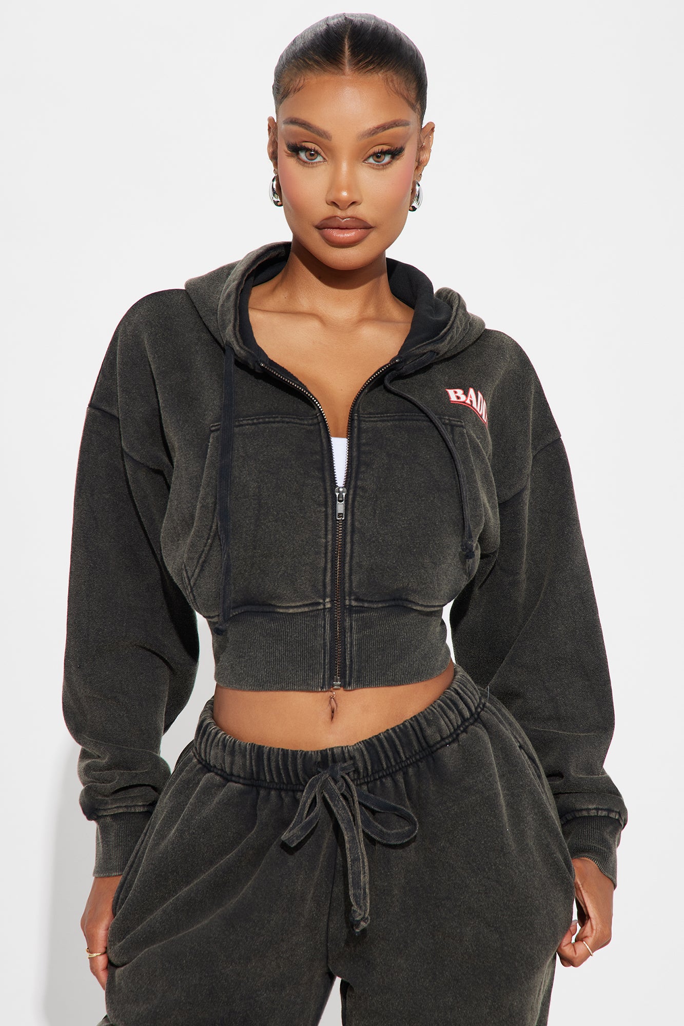 Baddie Washed Front Zip Hoodie - Black Wash