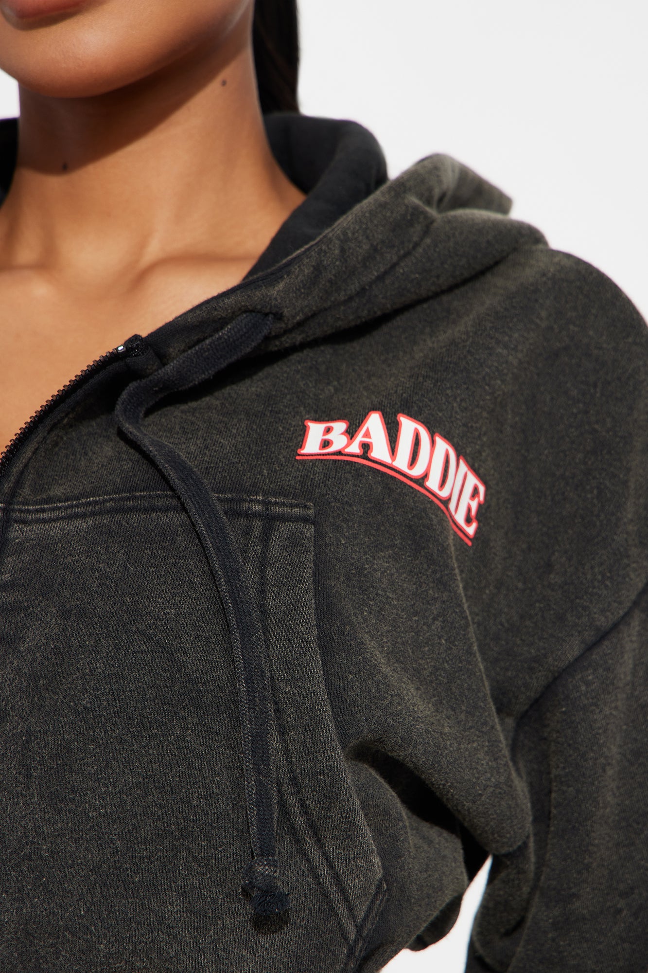 Baddie Washed Front Zip Hoodie - Black Wash