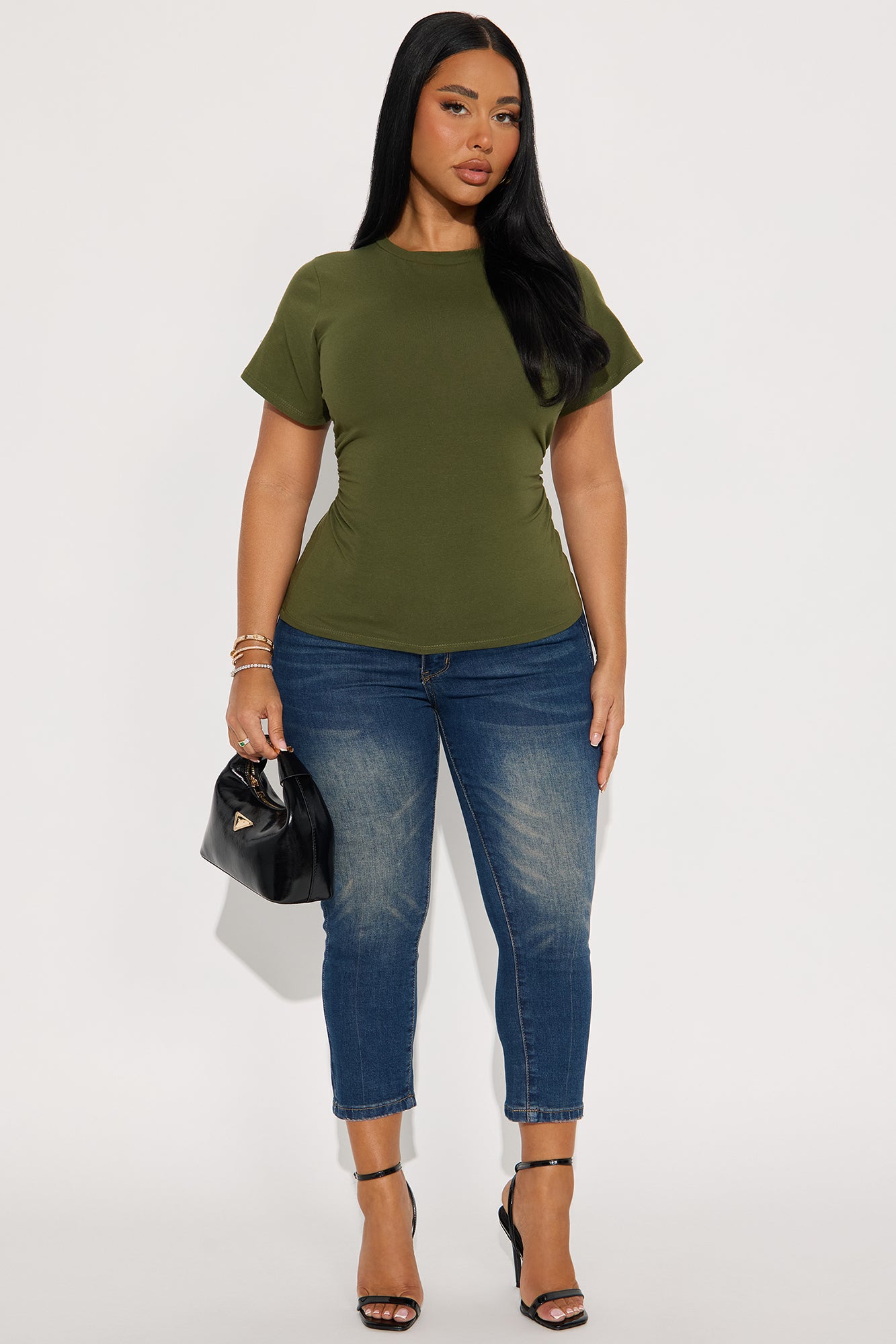 Simply Me Ruched Short Sleeve T-Shirt - Olive