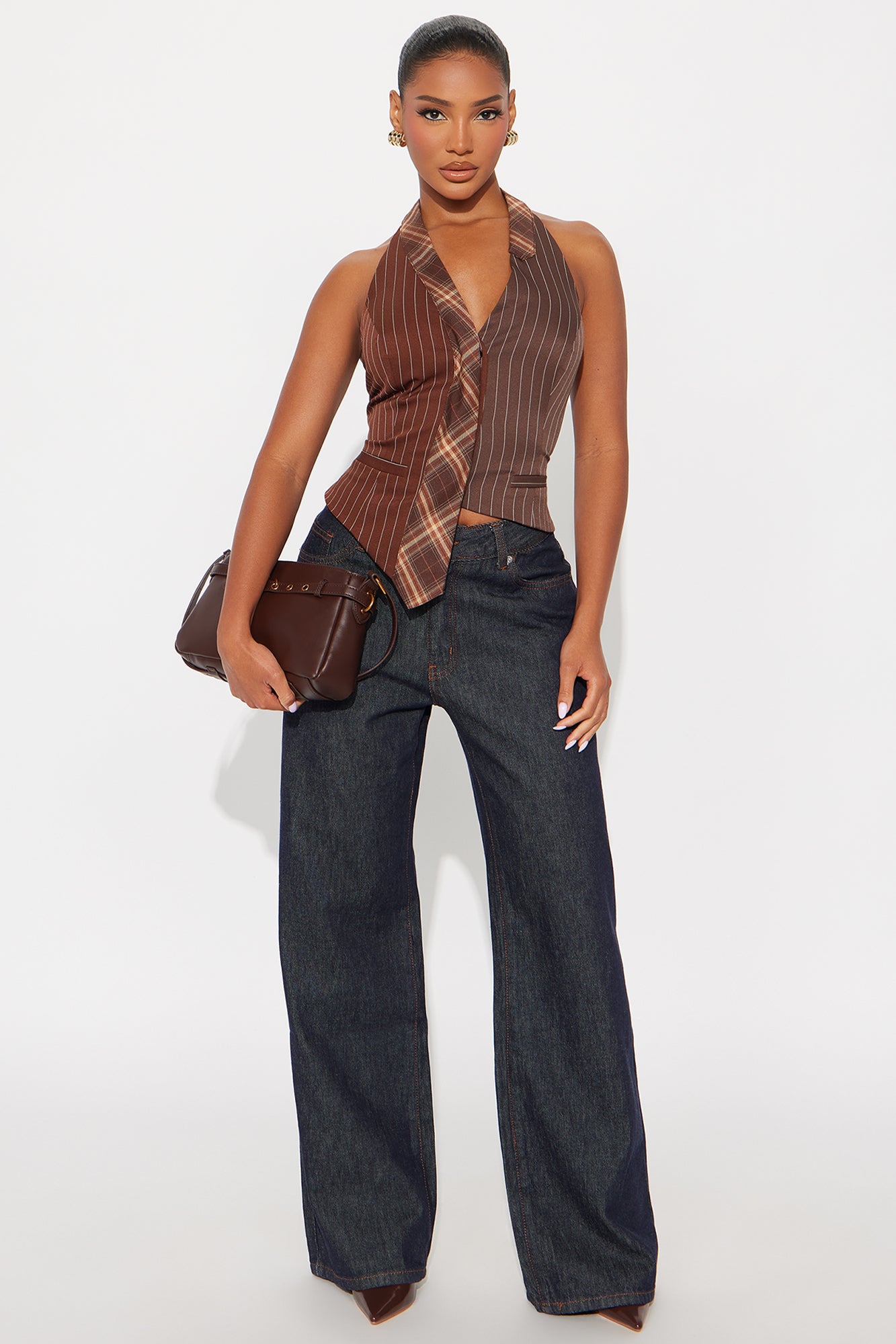 Amari Contrast Pinstripe Halter Top - Brown/combo
