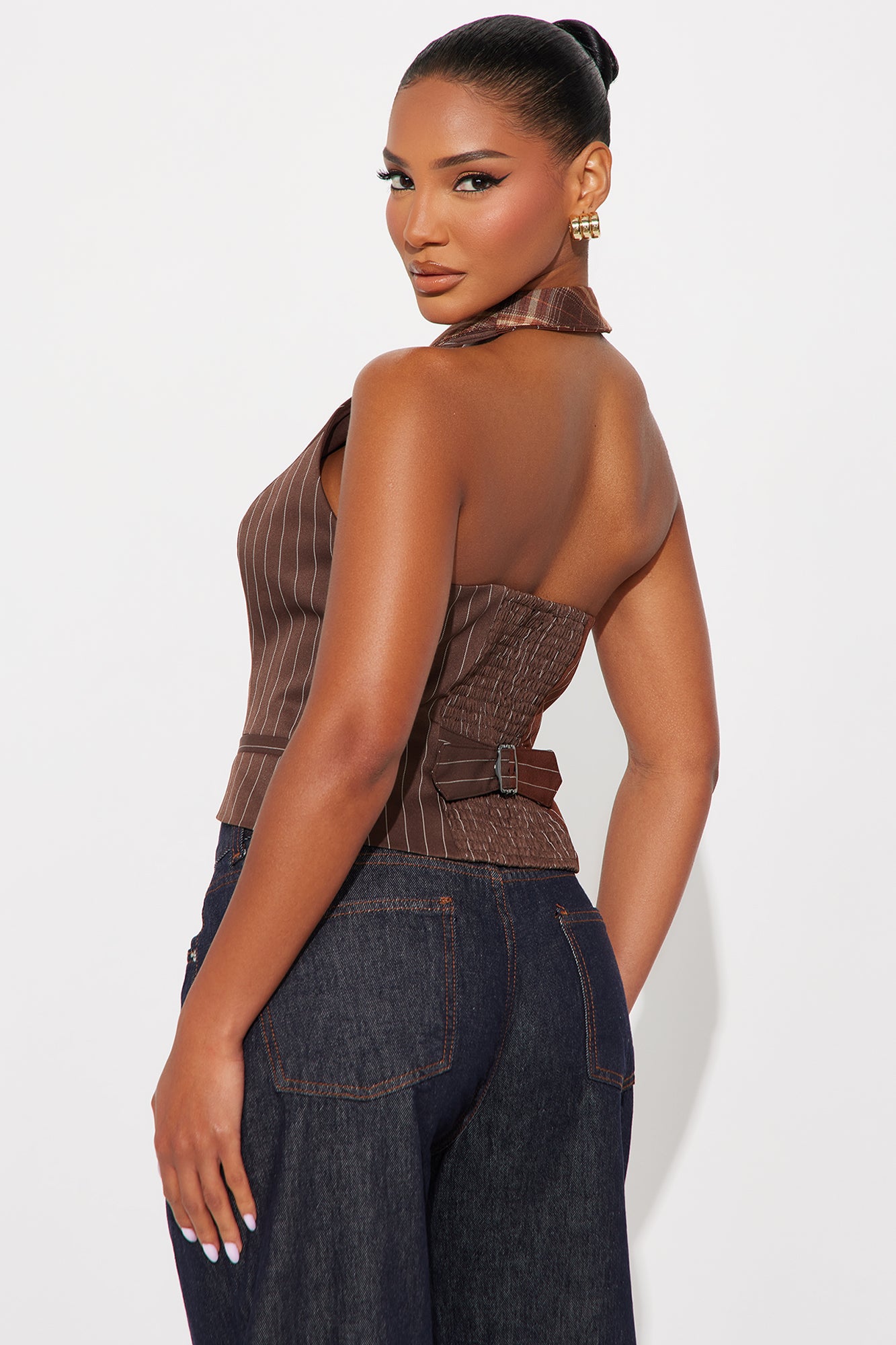 Amari Contrast Pinstripe Halter Top - Brown/combo
